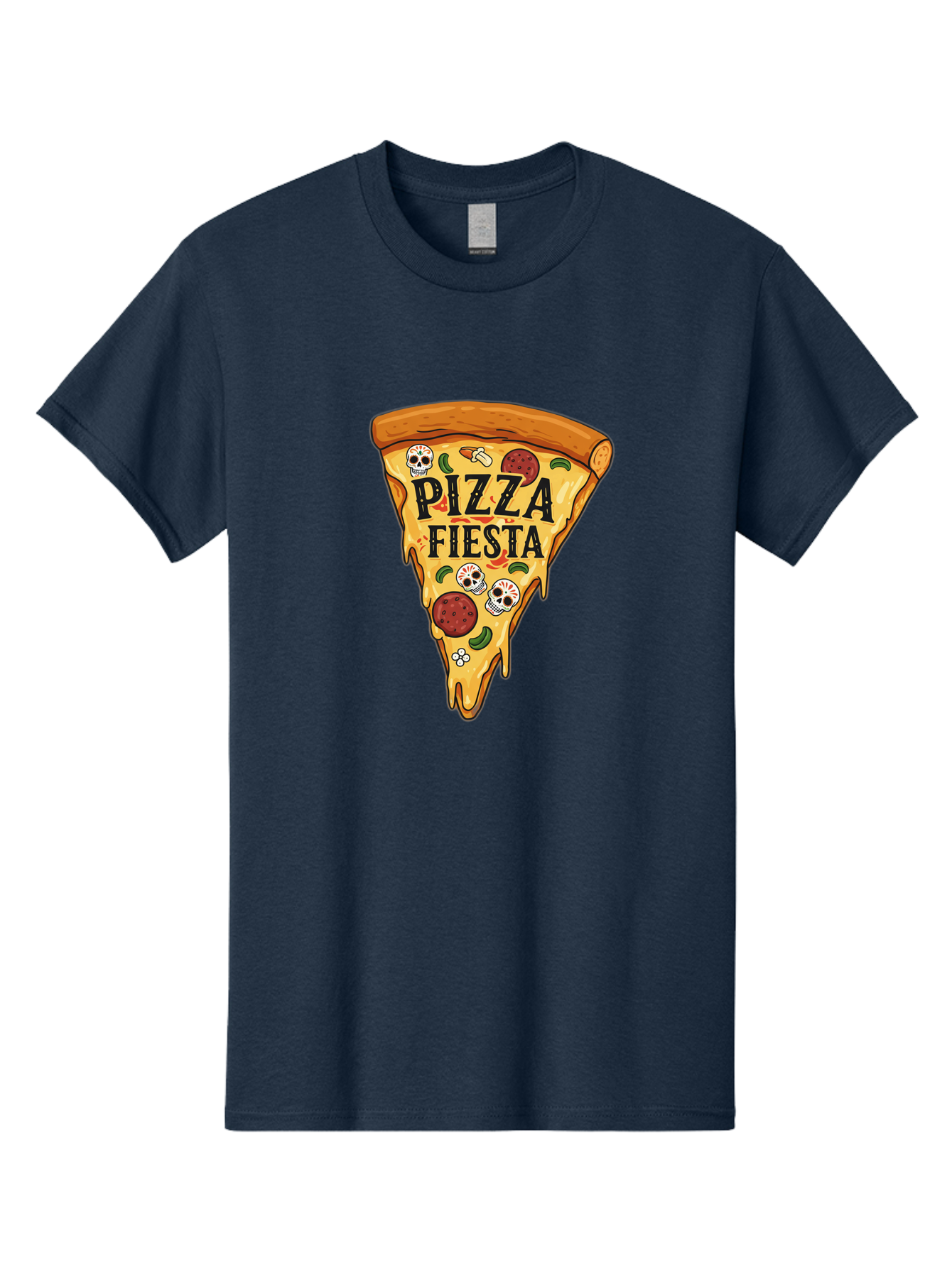 Pizza-Fiesta Men'S Graphic Tee, 100% Cotton, Comfortable Casual Summer Wear, Machine Washable, Pizza Slice, Melted Cheese, Pepperoni Topping, Jalapeno Peppers, Skull Decoration, Fiesta Theme, Cartoon Style, Savory Food, Spicy Pizza, Bac264