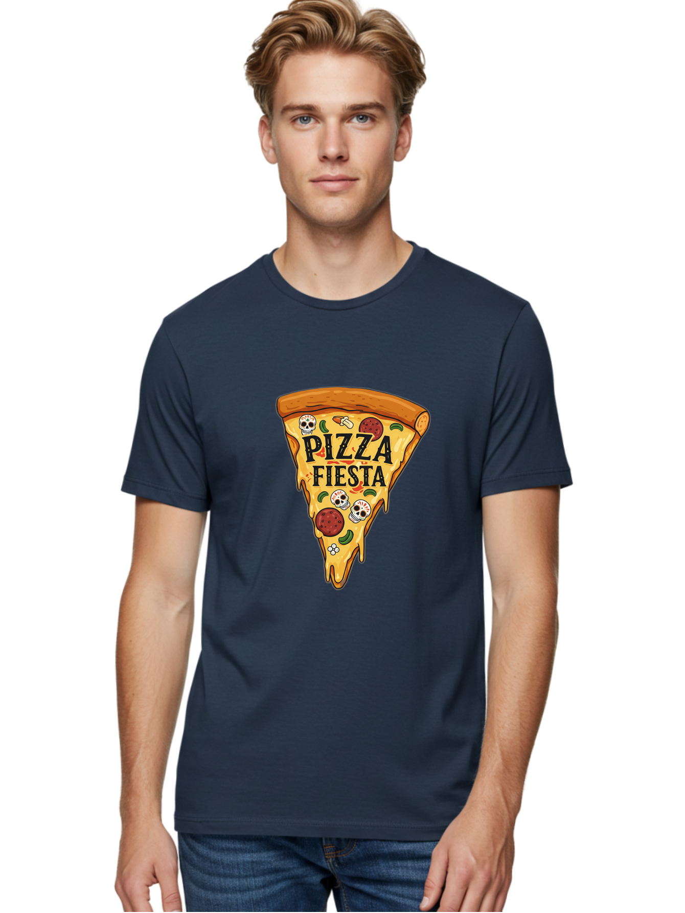 Pizza-Fiesta Men'S Graphic Tee, 100% Cotton, Comfortable Casual Summer Wear, Machine Washable, Pizza Slice, Melted Cheese, Pepperoni Topping, Jalapeno Peppers, Skull Decoration, Fiesta Theme, Cartoon Style, Savory Food, Spicy Pizza, Bac264