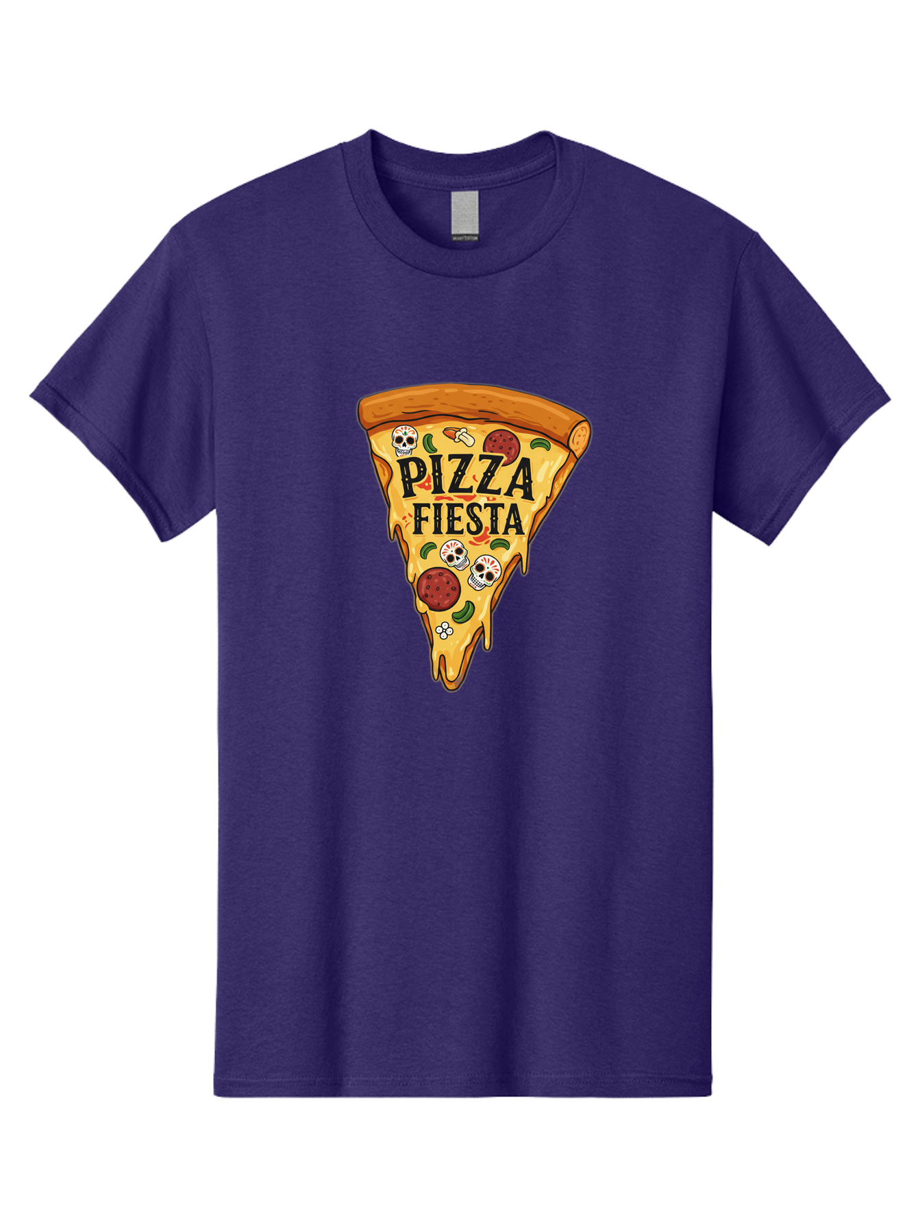 Pizza-Fiesta Men'S Graphic Tee, 100% Cotton, Comfortable Casual Summer Wear, Machine Washable, Pizza Slice, Melted Cheese, Pepperoni Topping, Jalapeno Peppers, Skull Decoration, Fiesta Theme, Cartoon Style, Savory Food, Spicy Pizza, Bac264