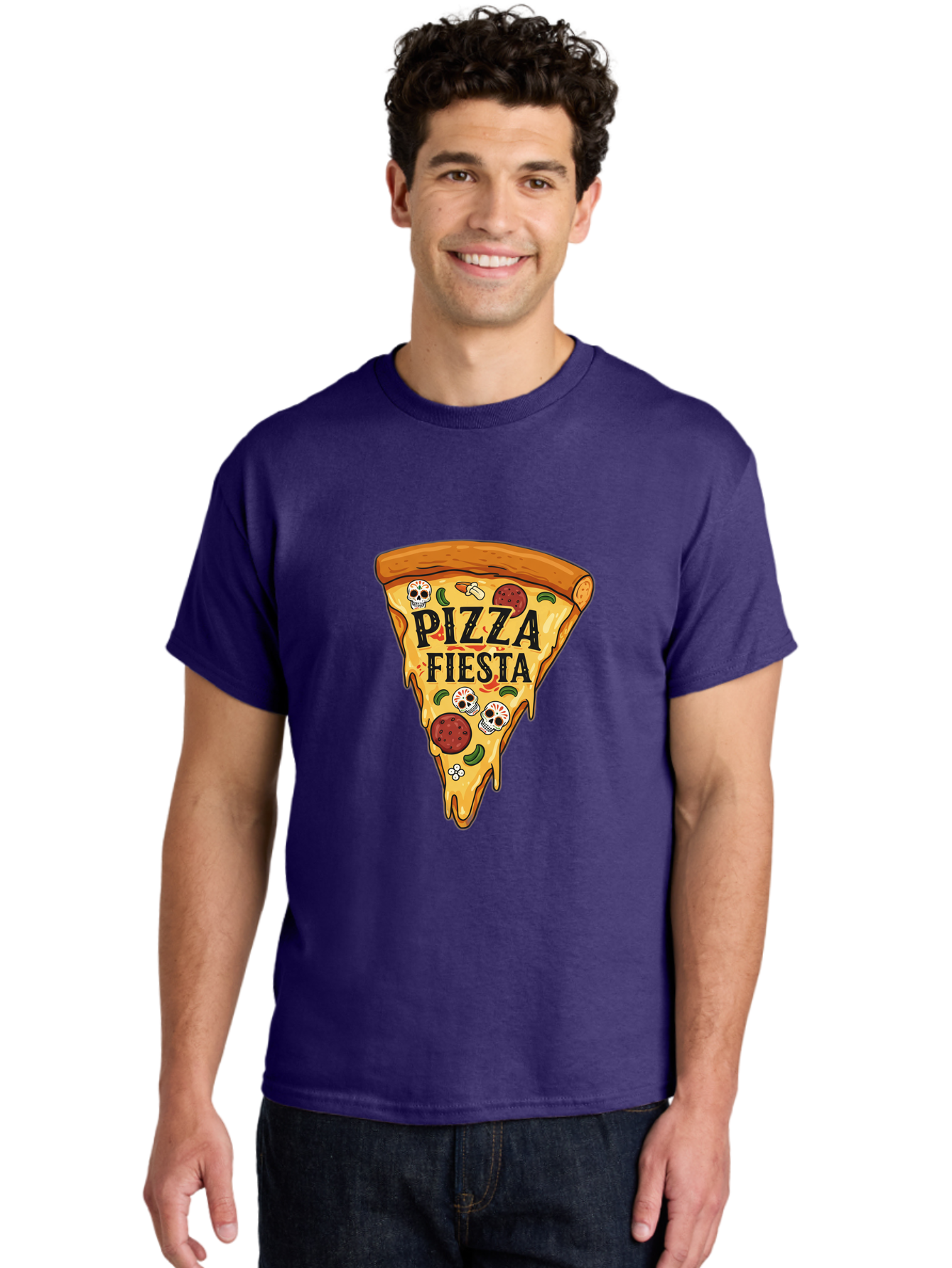 Pizza-Fiesta Men'S Graphic Tee, 100% Cotton, Comfortable Casual Summer Wear, Machine Washable, Pizza Slice, Melted Cheese, Pepperoni Topping, Jalapeno Peppers, Skull Decoration, Fiesta Theme, Cartoon Style, Savory Food, Spicy Pizza, Bac264
