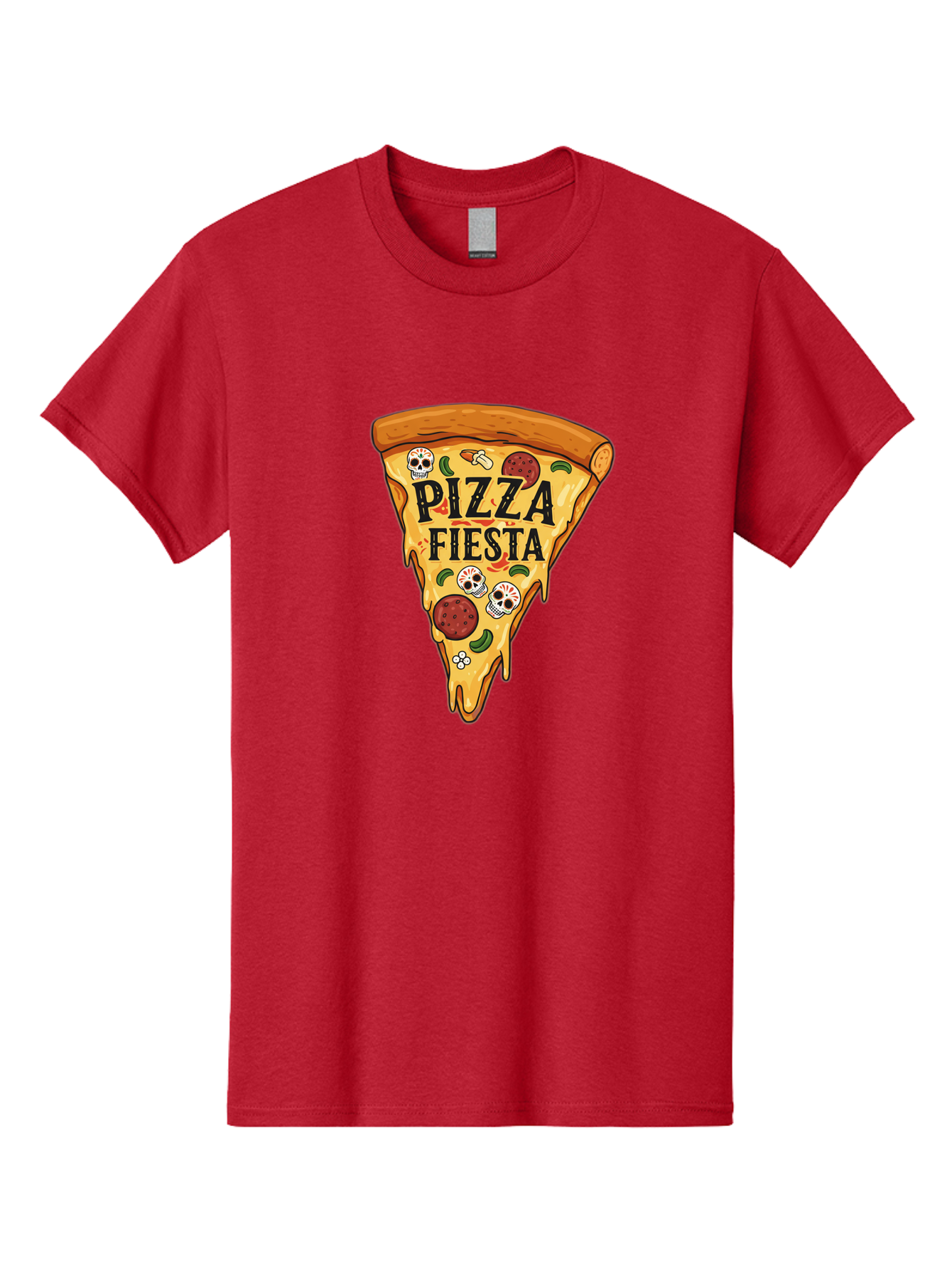 Pizza-Fiesta Men'S Graphic Tee, 100% Cotton, Comfortable Casual Summer Wear, Machine Washable, Pizza Slice, Melted Cheese, Pepperoni Topping, Jalapeno Peppers, Skull Decoration, Fiesta Theme, Cartoon Style, Savory Food, Spicy Pizza, Bac264