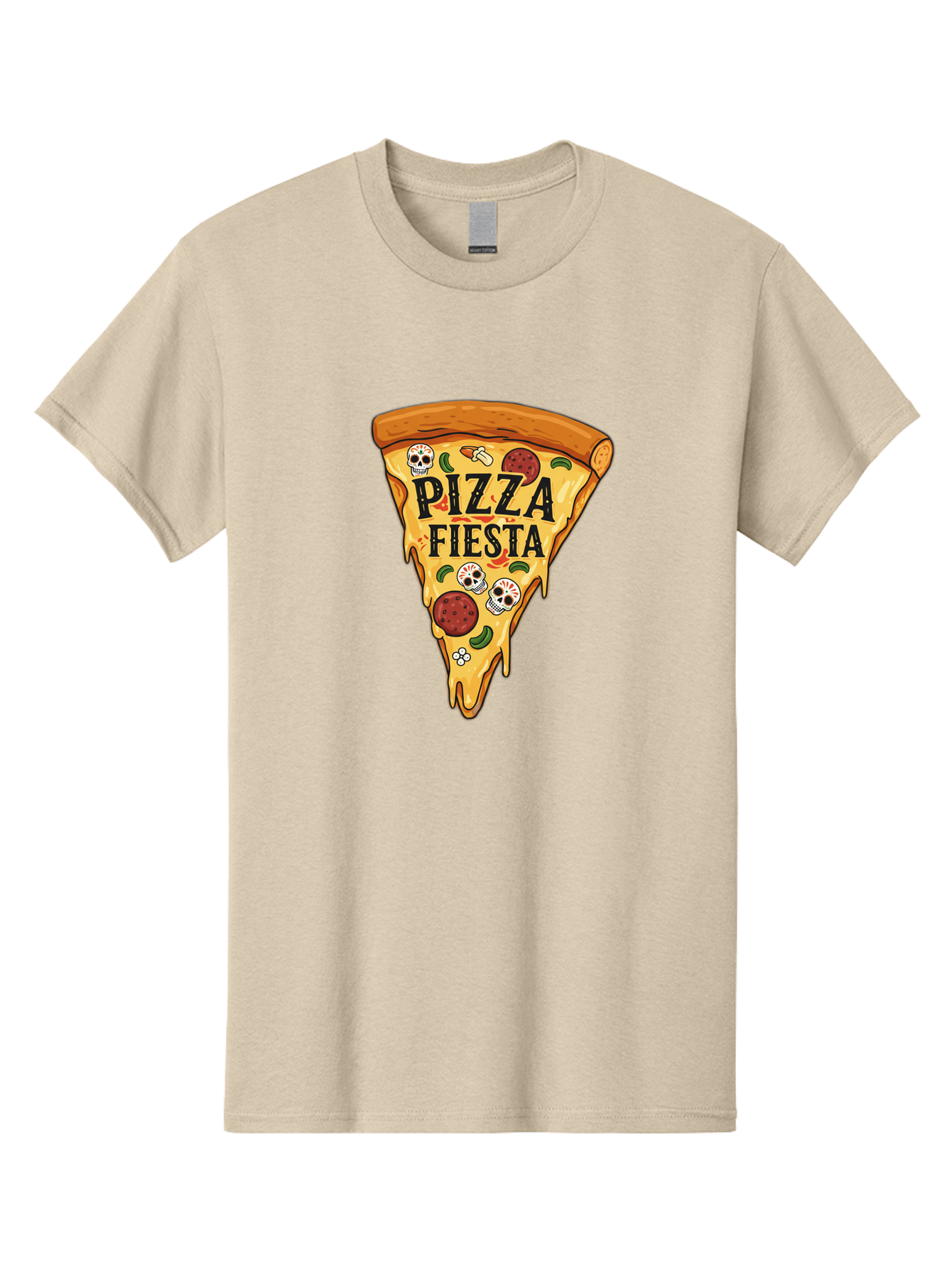 Pizza-Fiesta Men'S Graphic Tee, 100% Cotton, Comfortable Casual Summer Wear, Machine Washable, Pizza Slice, Melted Cheese, Pepperoni Topping, Jalapeno Peppers, Skull Decoration, Fiesta Theme, Cartoon Style, Savory Food, Spicy Pizza, Bac264