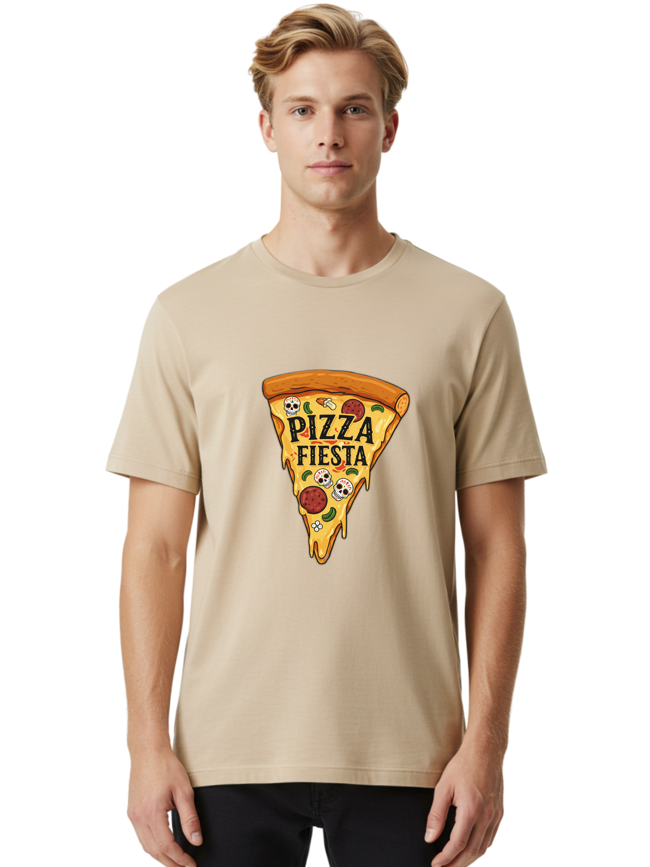 Pizza-Fiesta Men'S Graphic Tee, 100% Cotton, Comfortable Casual Summer Wear, Machine Washable, Pizza Slice, Melted Cheese, Pepperoni Topping, Jalapeno Peppers, Skull Decoration, Fiesta Theme, Cartoon Style, Savory Food, Spicy Pizza, Bac264