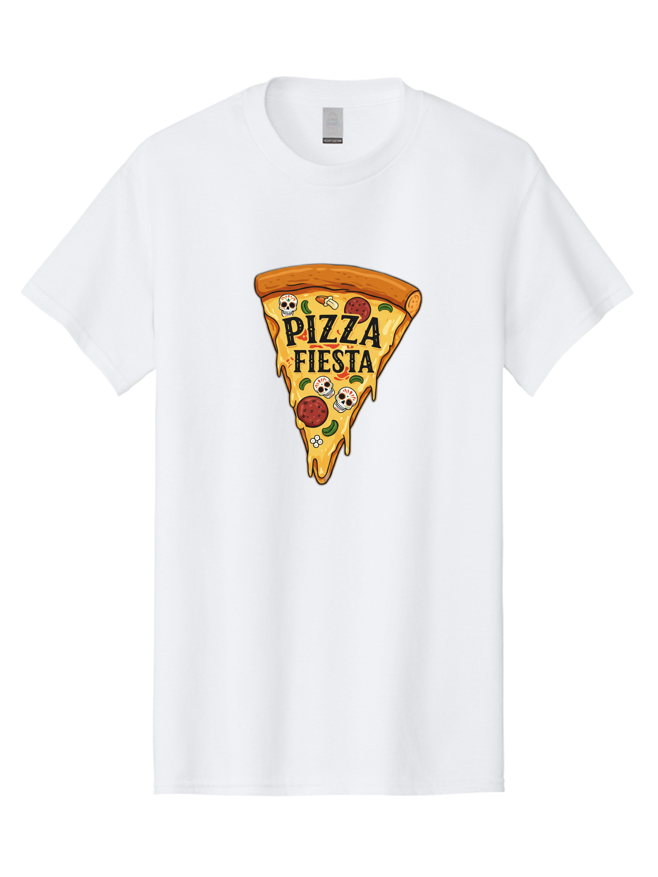 Pizza-Fiesta Men'S Graphic Tee, 100% Cotton, Comfortable Casual Summer Wear, Machine Washable, Pizza Slice, Melted Cheese, Pepperoni Topping, Jalapeno Peppers, Skull Decoration, Fiesta Theme, Cartoon Style, Savory Food, Spicy Pizza, Bac264