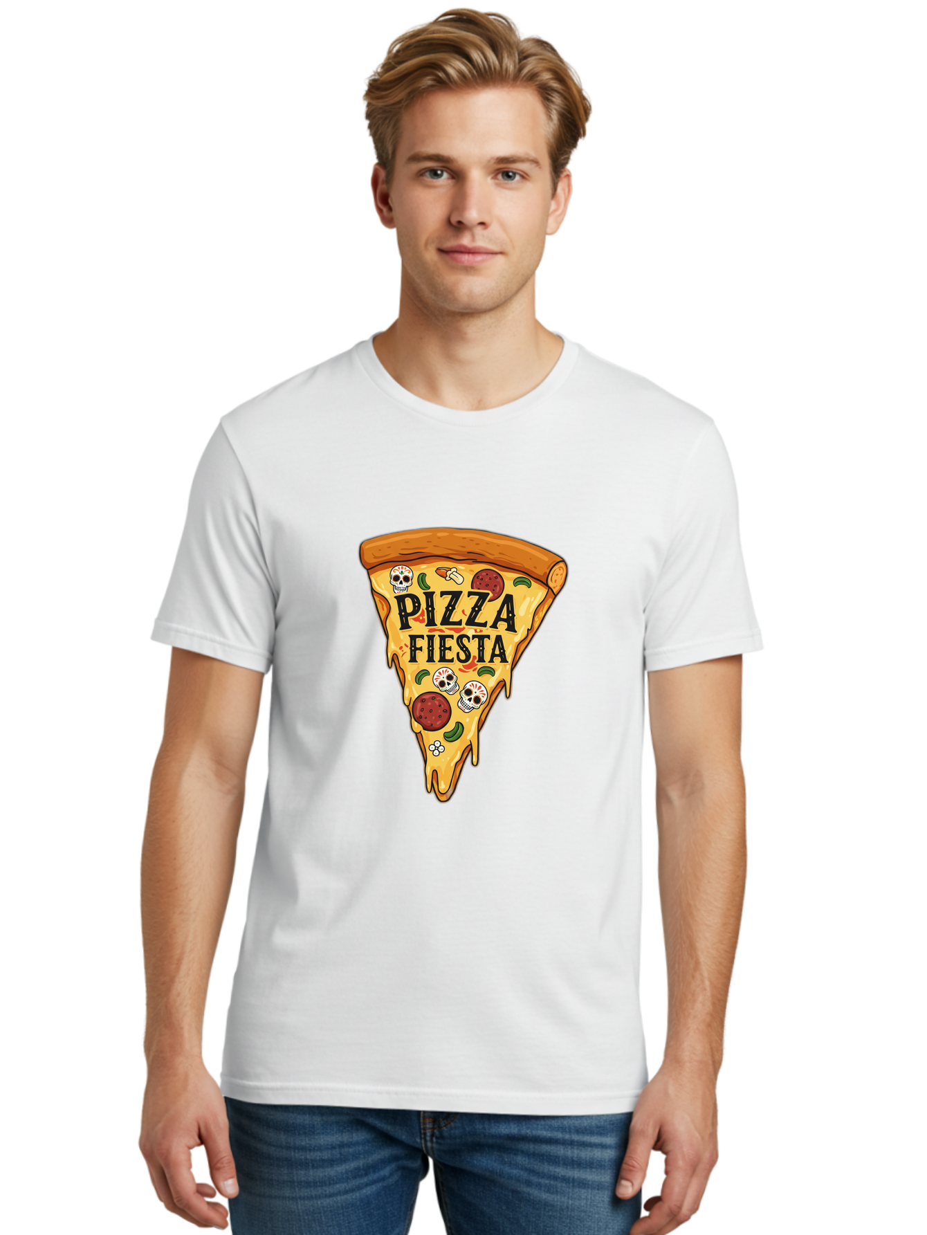 Pizza-Fiesta Men'S Graphic Tee, 100% Cotton, Comfortable Casual Summer Wear, Machine Washable, Pizza Slice, Melted Cheese, Pepperoni Topping, Jalapeno Peppers, Skull Decoration, Fiesta Theme, Cartoon Style, Savory Food, Spicy Pizza, Bac264