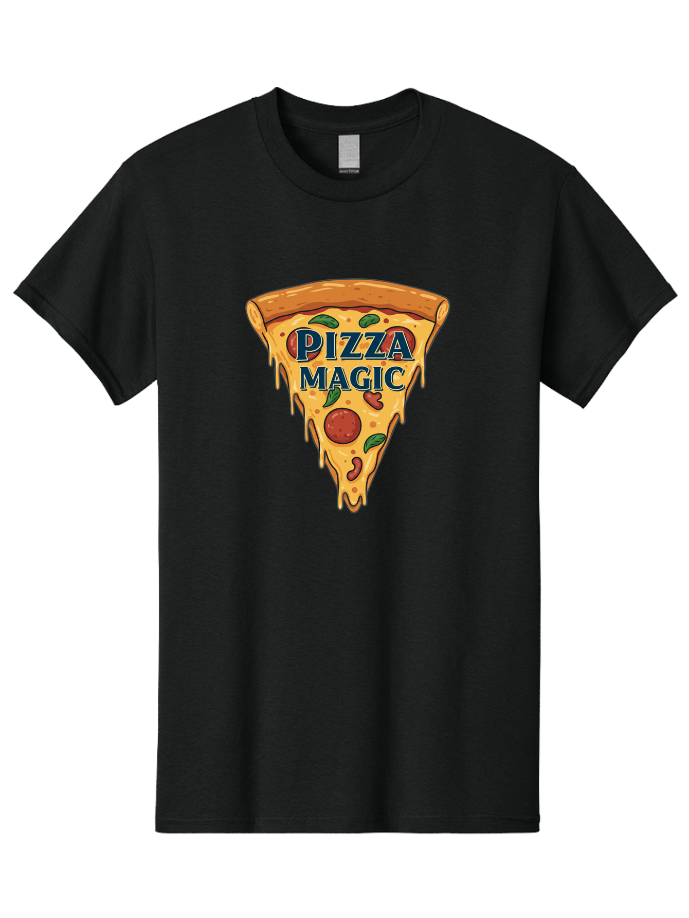 Pizza-Magic Men'S Graphic Tee, 100% Cotton, Comfortable Casual Summer Wear, Machine Washable, Pizza Slice, Cheesy Goodness, Pepperoni Pizza, Basil Leaves, Gooey Cheese, Melting Cheese, Savory Delight, Pizza Magic Bac265