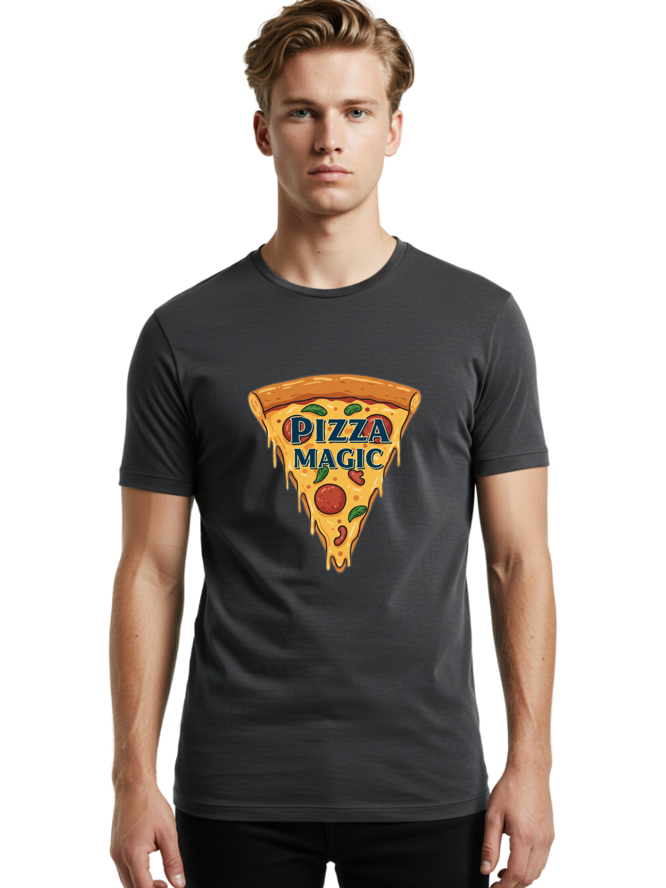 Pizza-Magic Men'S Graphic Tee, 100% Cotton, Comfortable Casual Summer Wear, Machine Washable, Pizza Slice, Cheesy Goodness, Pepperoni Pizza, Basil Leaves, Gooey Cheese, Melting Cheese, Savory Delight, Pizza Magic Bac265