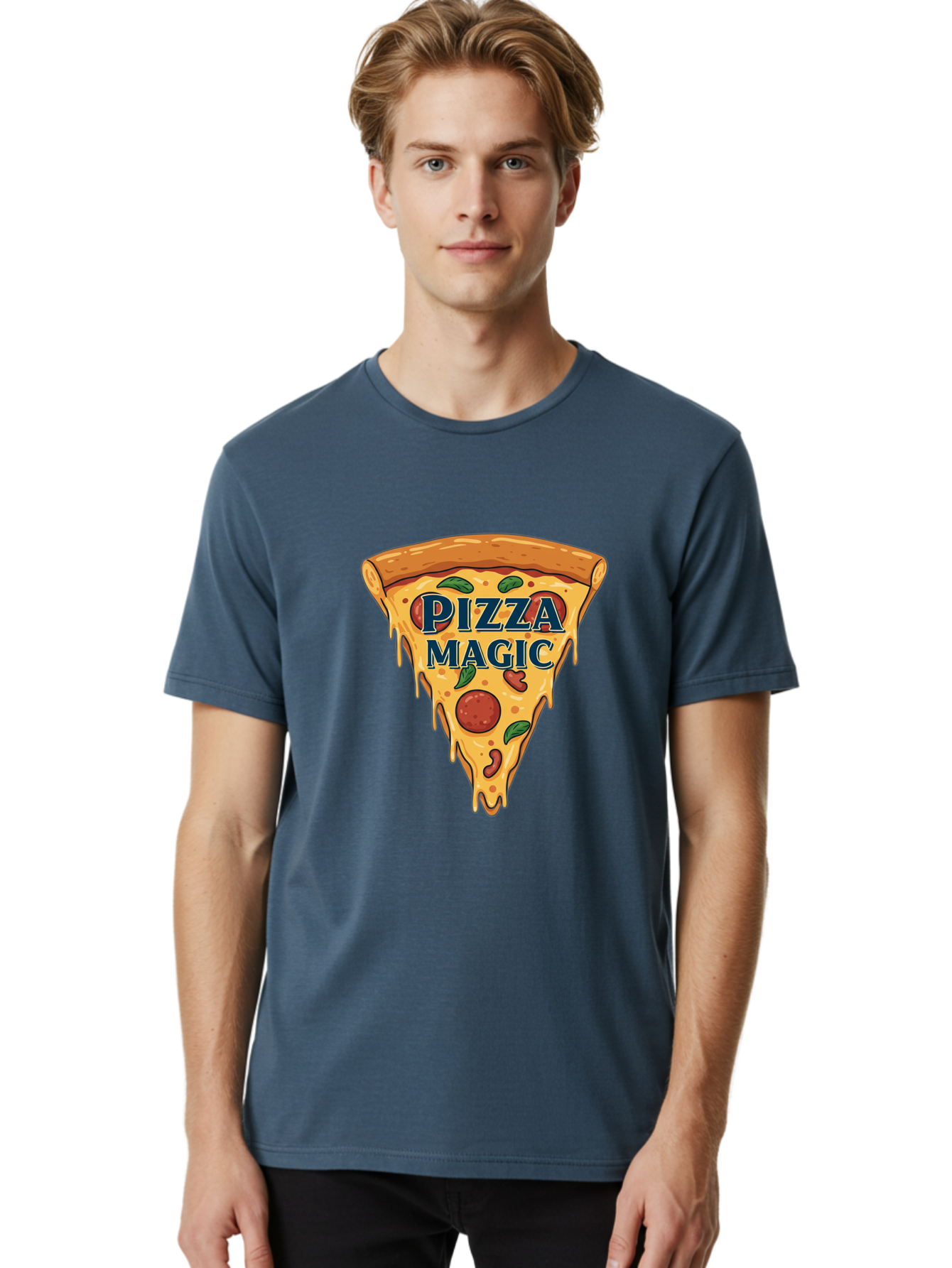 Pizza-Magic Men'S Graphic Tee, 100% Cotton, Comfortable Casual Summer Wear, Machine Washable, Pizza Slice, Cheesy Goodness, Pepperoni Pizza, Basil Leaves, Gooey Cheese, Melting Cheese, Savory Delight, Pizza Magic Bac265