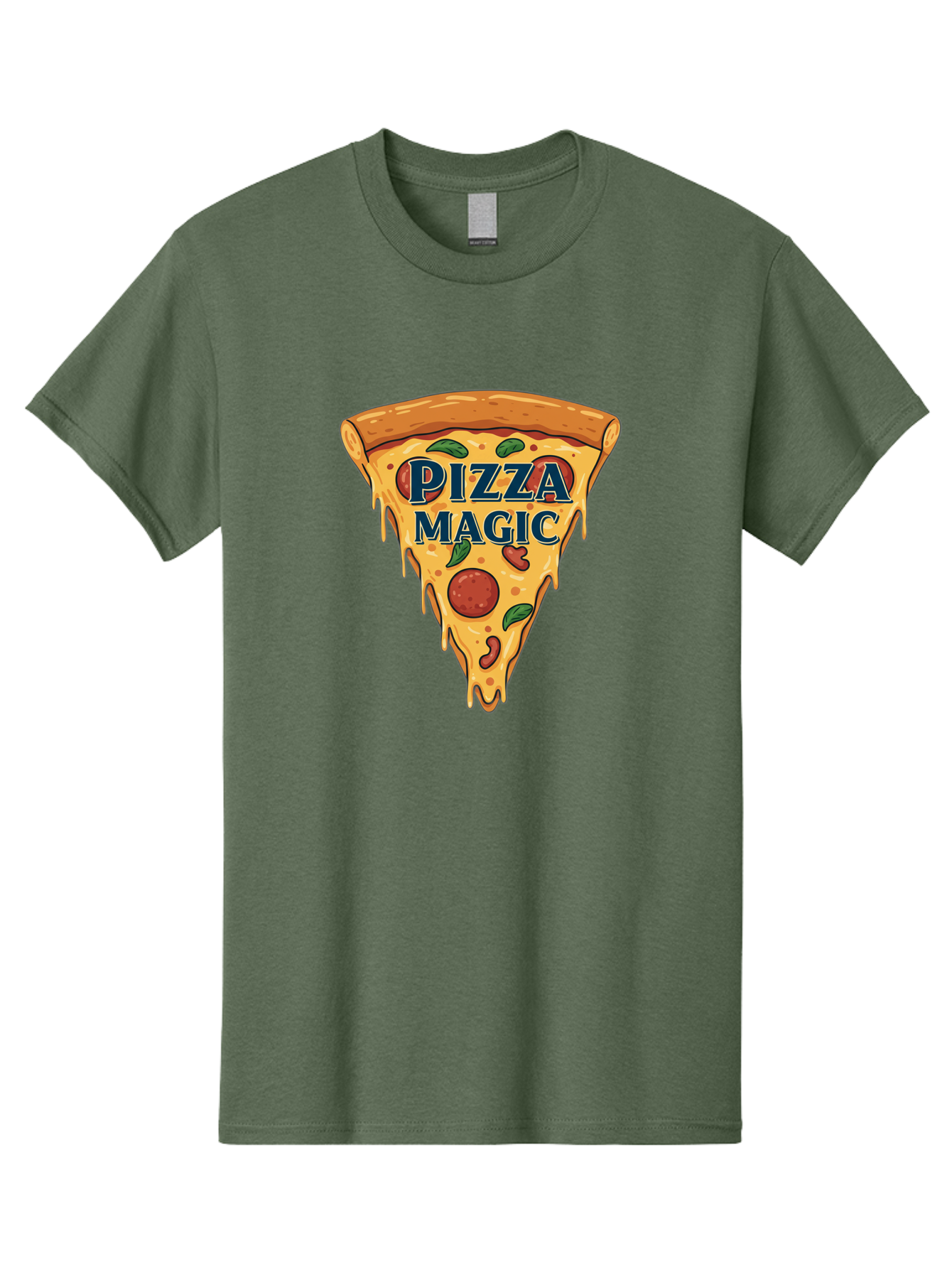 Pizza-Magic Men'S Graphic Tee, 100% Cotton, Comfortable Casual Summer Wear, Machine Washable, Pizza Slice, Cheesy Goodness, Pepperoni Pizza, Basil Leaves, Gooey Cheese, Melting Cheese, Savory Delight, Pizza Magic Bac265