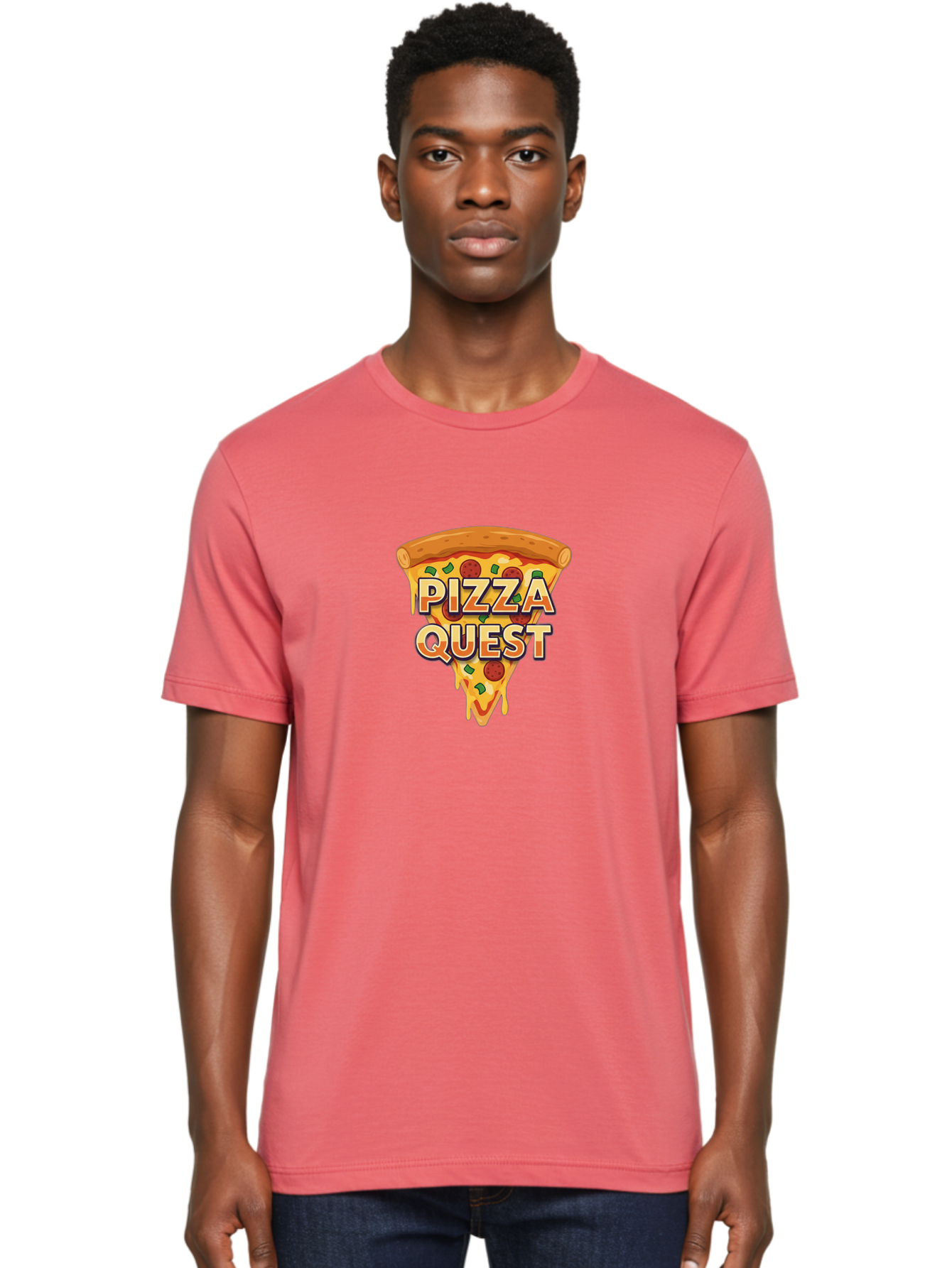 Pizza-Quest Men'S Graphic Tee, 100% Cotton, Comfortable Casual Summer Wear, Machine Washable, Pizza Slice, Melted Cheese, Pepperoni Pizza, Green Peppers, Cartoon Pizza, Food Illustration, Cheesy Goodness, Pizza Lovers, Gaming Logo Bac268
