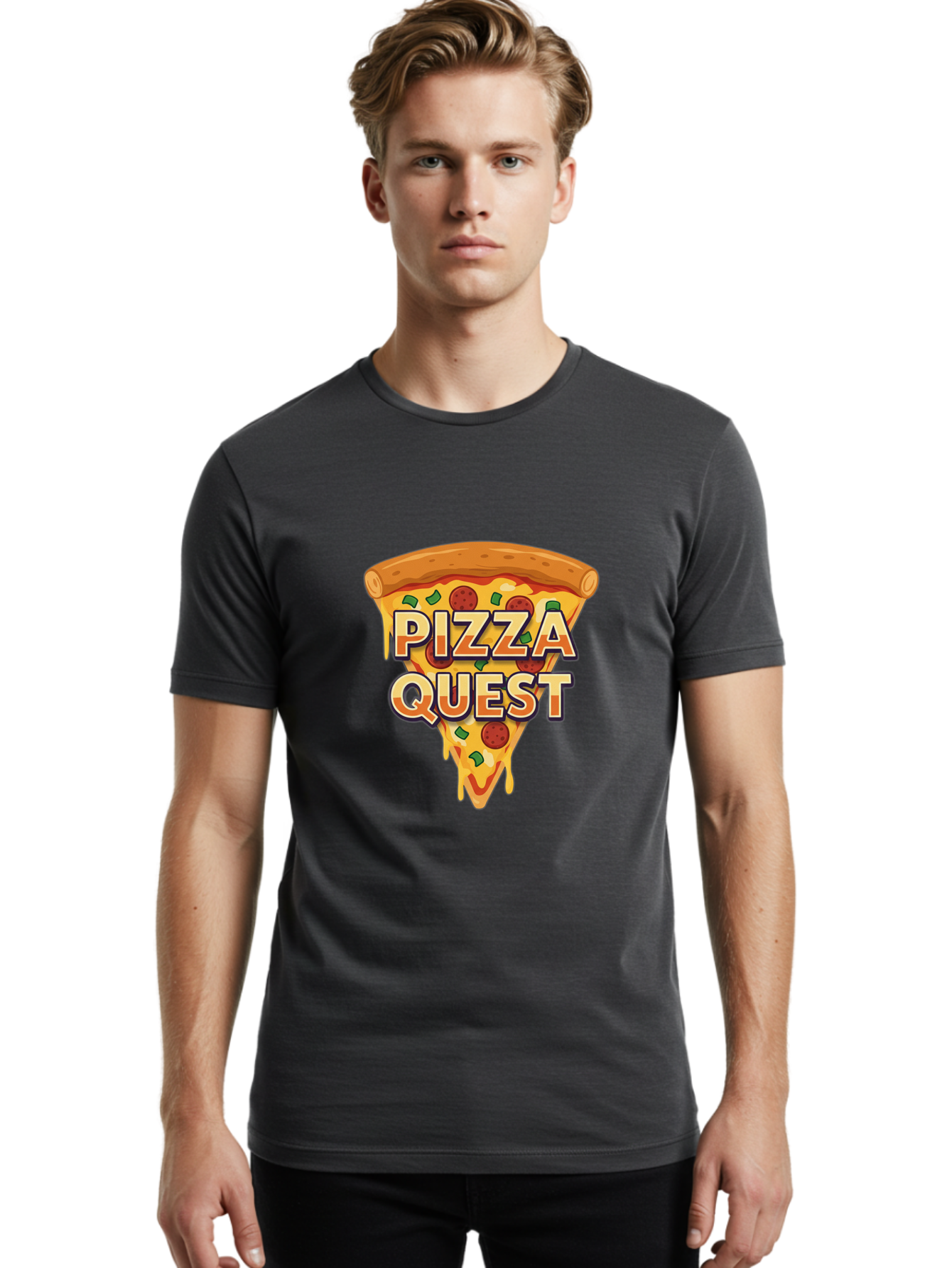 Pizza-Quest Men'S Graphic Tee, 100% Cotton, Comfortable Casual Summer Wear, Machine Washable, Pizza Slice, Melted Cheese, Pepperoni Pizza, Green Peppers, Cartoon Pizza, Food Illustration, Cheesy Goodness, Pizza Lovers, Gaming Logo Bac268