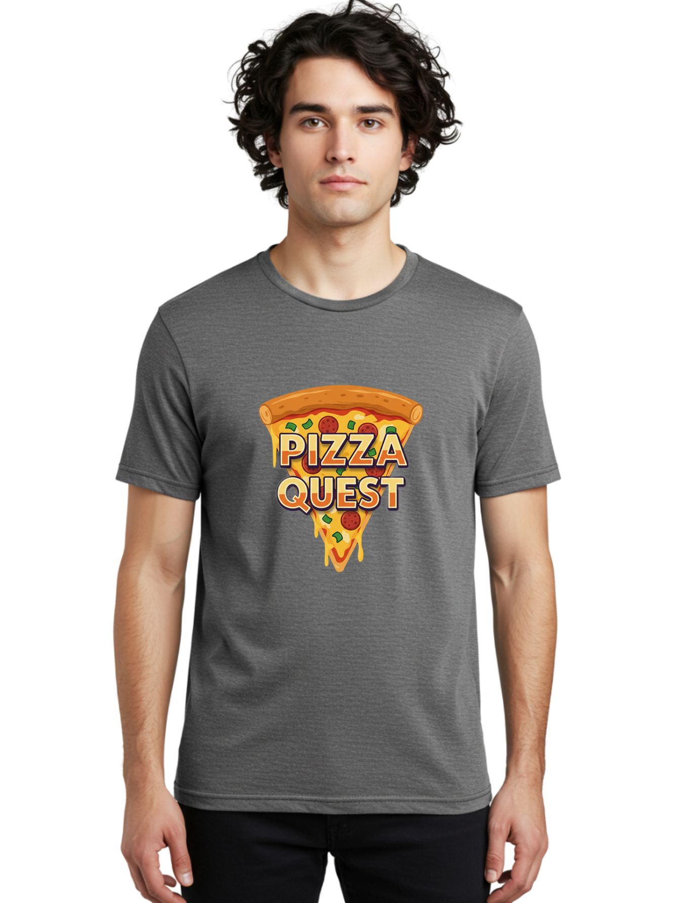 Pizza-Quest Men'S Graphic Tee, 100% Cotton, Comfortable Casual Summer Wear, Machine Washable, Pizza Slice, Melted Cheese, Pepperoni Pizza, Green Peppers, Cartoon Pizza, Food Illustration, Cheesy Goodness, Pizza Lovers, Gaming Logo Bac268