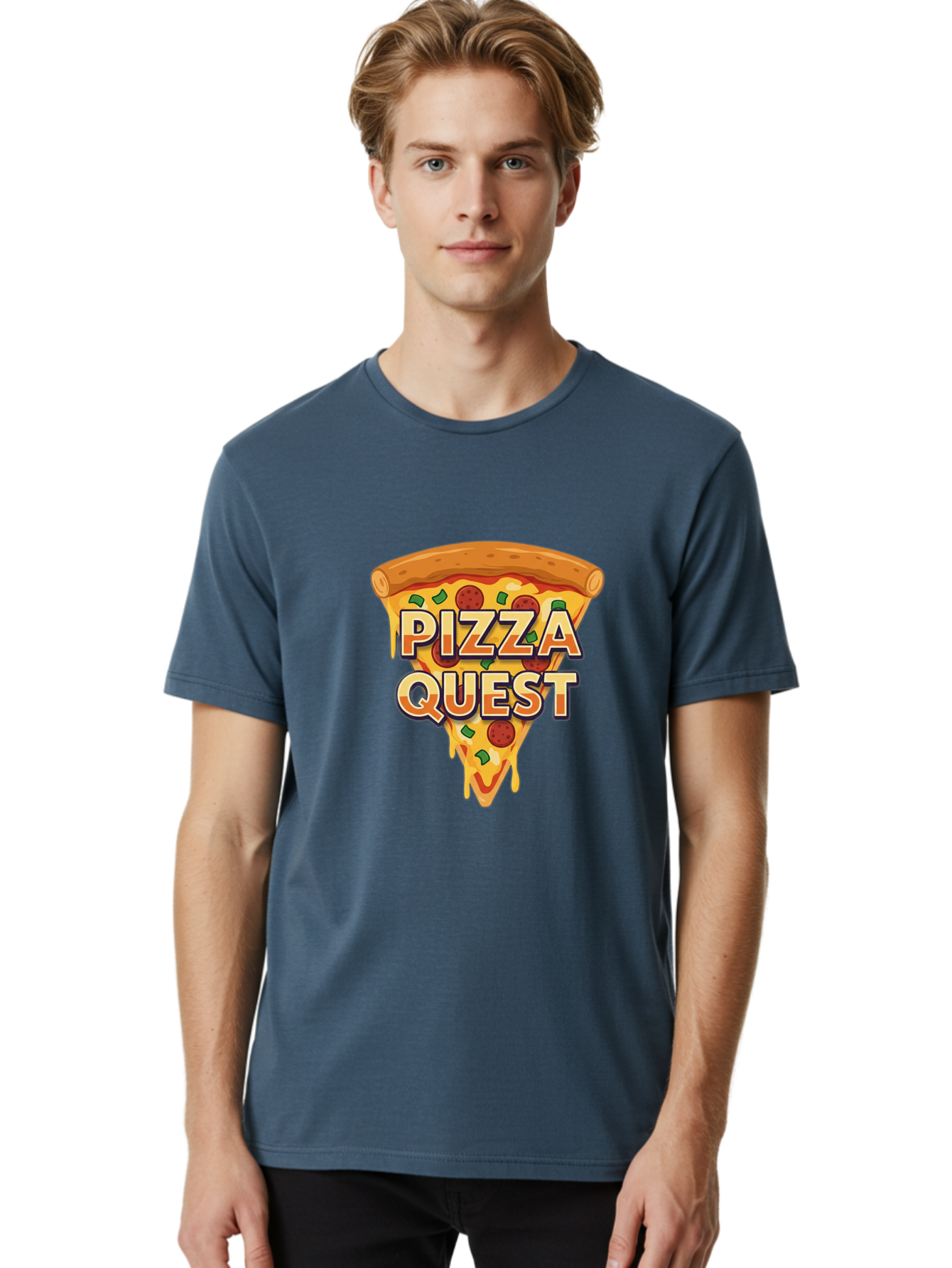 Pizza-Quest Men'S Graphic Tee, 100% Cotton, Comfortable Casual Summer Wear, Machine Washable, Pizza Slice, Melted Cheese, Pepperoni Pizza, Green Peppers, Cartoon Pizza, Food Illustration, Cheesy Goodness, Pizza Lovers, Gaming Logo Bac268