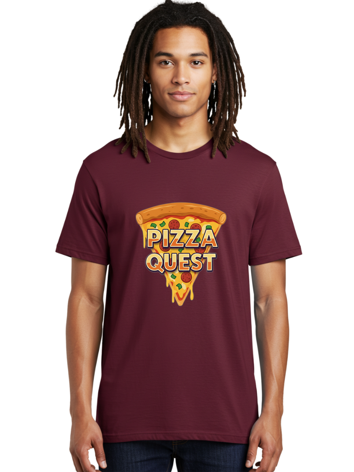 Pizza-Quest Men'S Graphic Tee, 100% Cotton, Comfortable Casual Summer Wear, Machine Washable, Pizza Slice, Melted Cheese, Pepperoni Pizza, Green Peppers, Cartoon Pizza, Food Illustration, Cheesy Goodness, Pizza Lovers, Gaming Logo Bac268