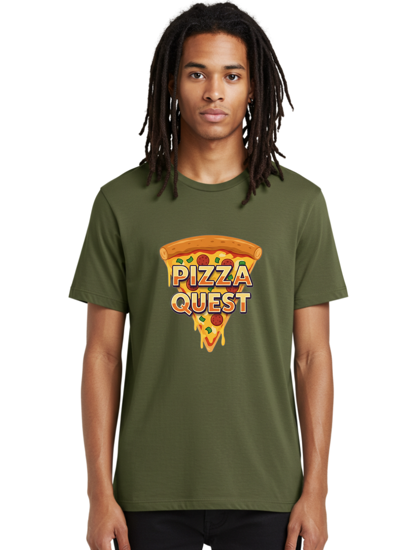 Pizza-Quest Men'S Graphic Tee, 100% Cotton, Comfortable Casual Summer Wear, Machine Washable, Pizza Slice, Melted Cheese, Pepperoni Pizza, Green Peppers, Cartoon Pizza, Food Illustration, Cheesy Goodness, Pizza Lovers, Gaming Logo Bac268