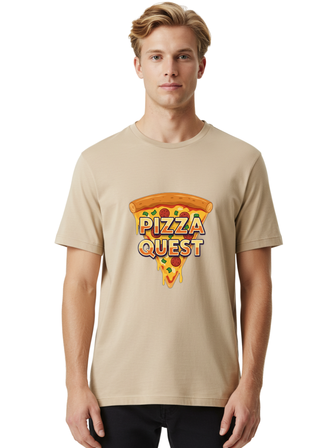 Pizza-Quest Men'S Graphic Tee, 100% Cotton, Comfortable Casual Summer Wear, Machine Washable, Pizza Slice, Melted Cheese, Pepperoni Pizza, Green Peppers, Cartoon Pizza, Food Illustration, Cheesy Goodness, Pizza Lovers, Gaming Logo Bac268