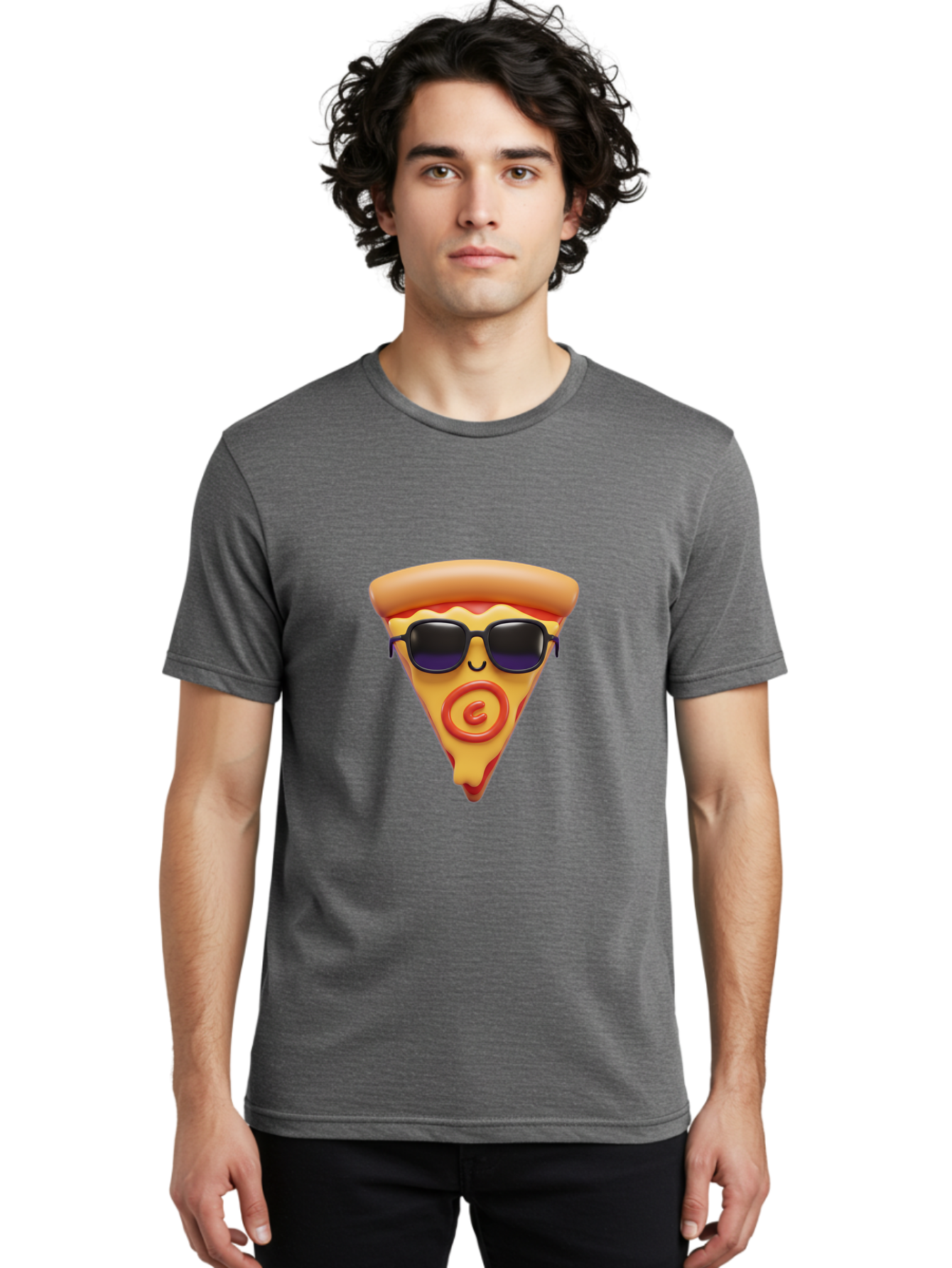 Pizza-Slice-10 Men'S Graphic Tee, 100% Cotton, Comfortable Casual Summer Wear, Machine Washable, Cartoon Pizza Slice, Smiling Face, Sunglasses, Red Swirl, Playful Design, Food Illustration, Whimsical Character, Trendy Vibe, Funny Graphic Bac270