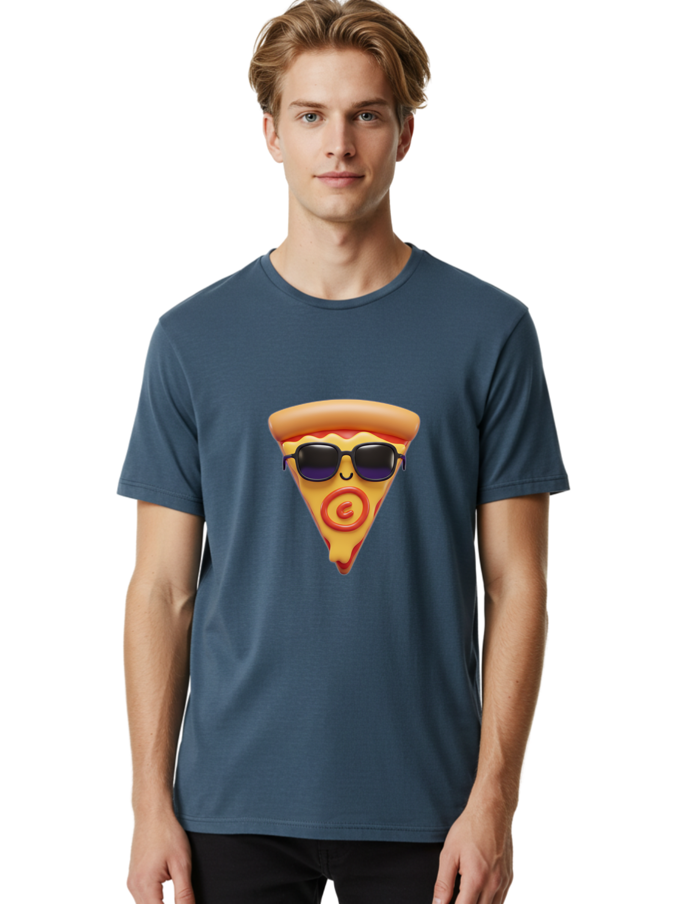 Pizza-Slice-10 Men'S Graphic Tee, 100% Cotton, Comfortable Casual Summer Wear, Machine Washable, Cartoon Pizza Slice, Smiling Face, Sunglasses, Red Swirl, Playful Design, Food Illustration, Whimsical Character, Trendy Vibe, Funny Graphic Bac270