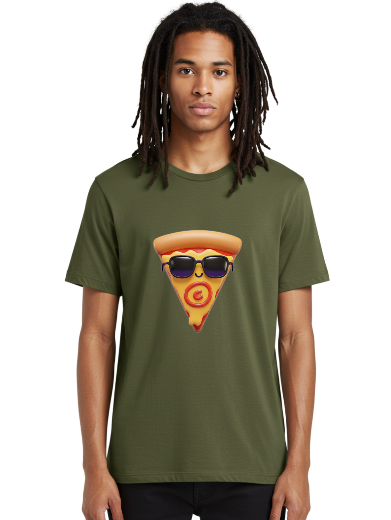 Pizza-Slice-10 Men'S Graphic Tee, 100% Cotton, Comfortable Casual Summer Wear, Machine Washable, Cartoon Pizza Slice, Smiling Face, Sunglasses, Red Swirl, Playful Design, Food Illustration, Whimsical Character, Trendy Vibe, Funny Graphic Bac270