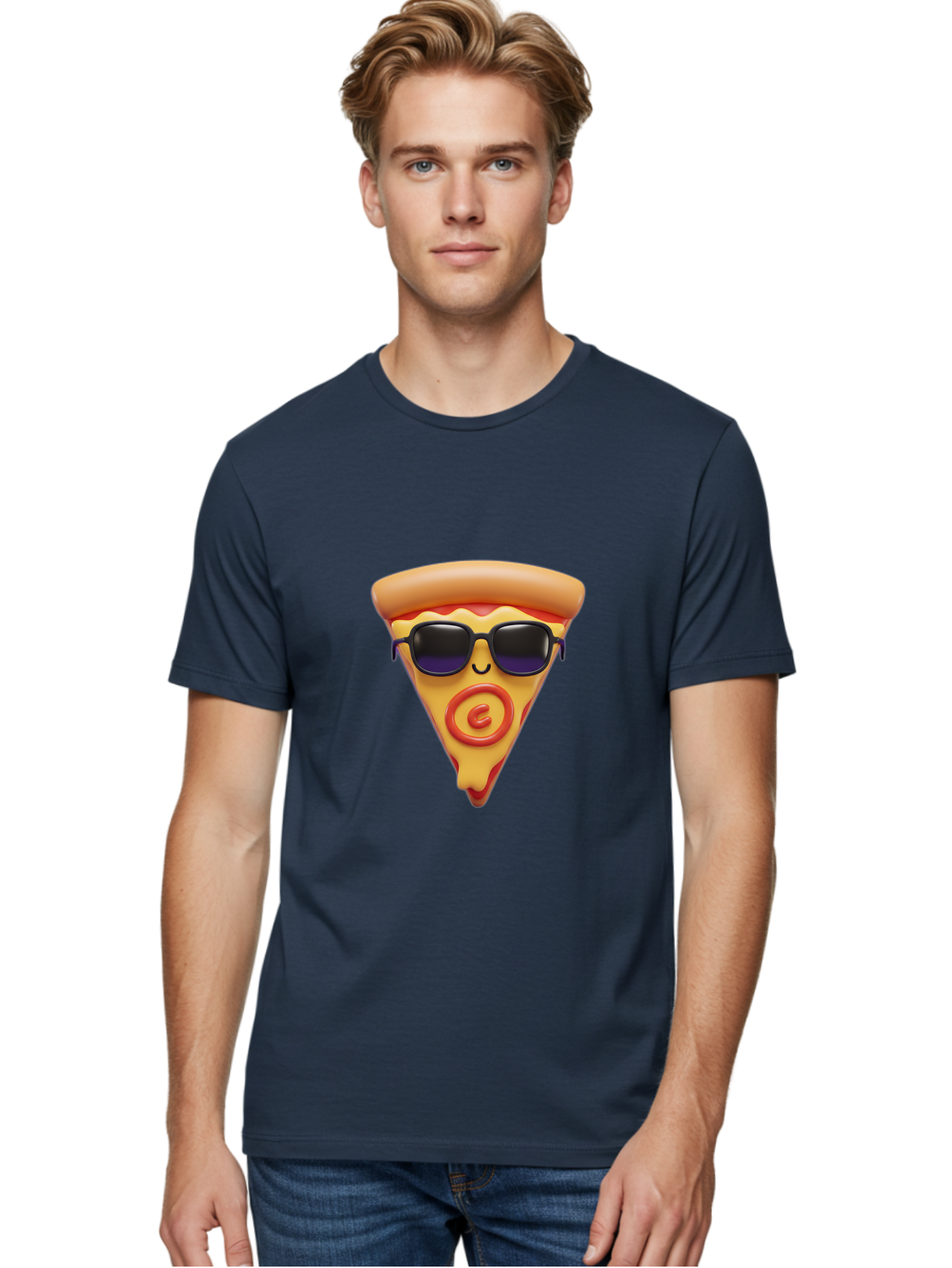 Pizza-Slice-10 Men'S Graphic Tee, 100% Cotton, Comfortable Casual Summer Wear, Machine Washable, Cartoon Pizza Slice, Smiling Face, Sunglasses, Red Swirl, Playful Design, Food Illustration, Whimsical Character, Trendy Vibe, Funny Graphic Bac270