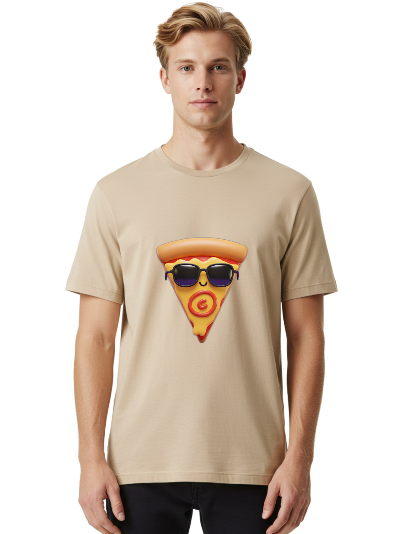 Pizza-Slice-10 Men'S Graphic Tee, 100% Cotton, Comfortable Casual Summer Wear, Machine Washable, Cartoon Pizza Slice, Smiling Face, Sunglasses, Red Swirl, Playful Design, Food Illustration, Whimsical Character, Trendy Vibe, Funny Graphic Bac270