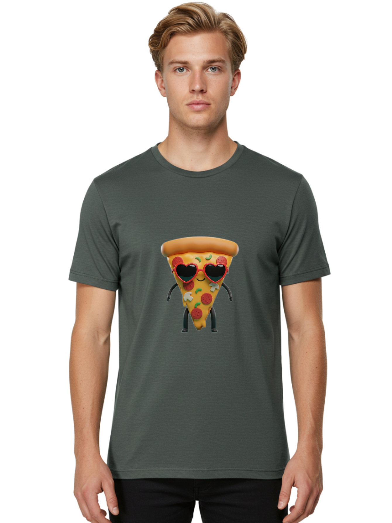 Pizza-Slice-11 Men'S Graphic Tee, 100% Cotton, Comfortable Casual Summer Wear, Machine Washable, Cartoon Pizza Slice, Heart-Shaped Sunglasses, Kawaii Character, Funny Face, Italian Food, Cartoon Food, Pepperoni Pizza, Cute Design, Bac271