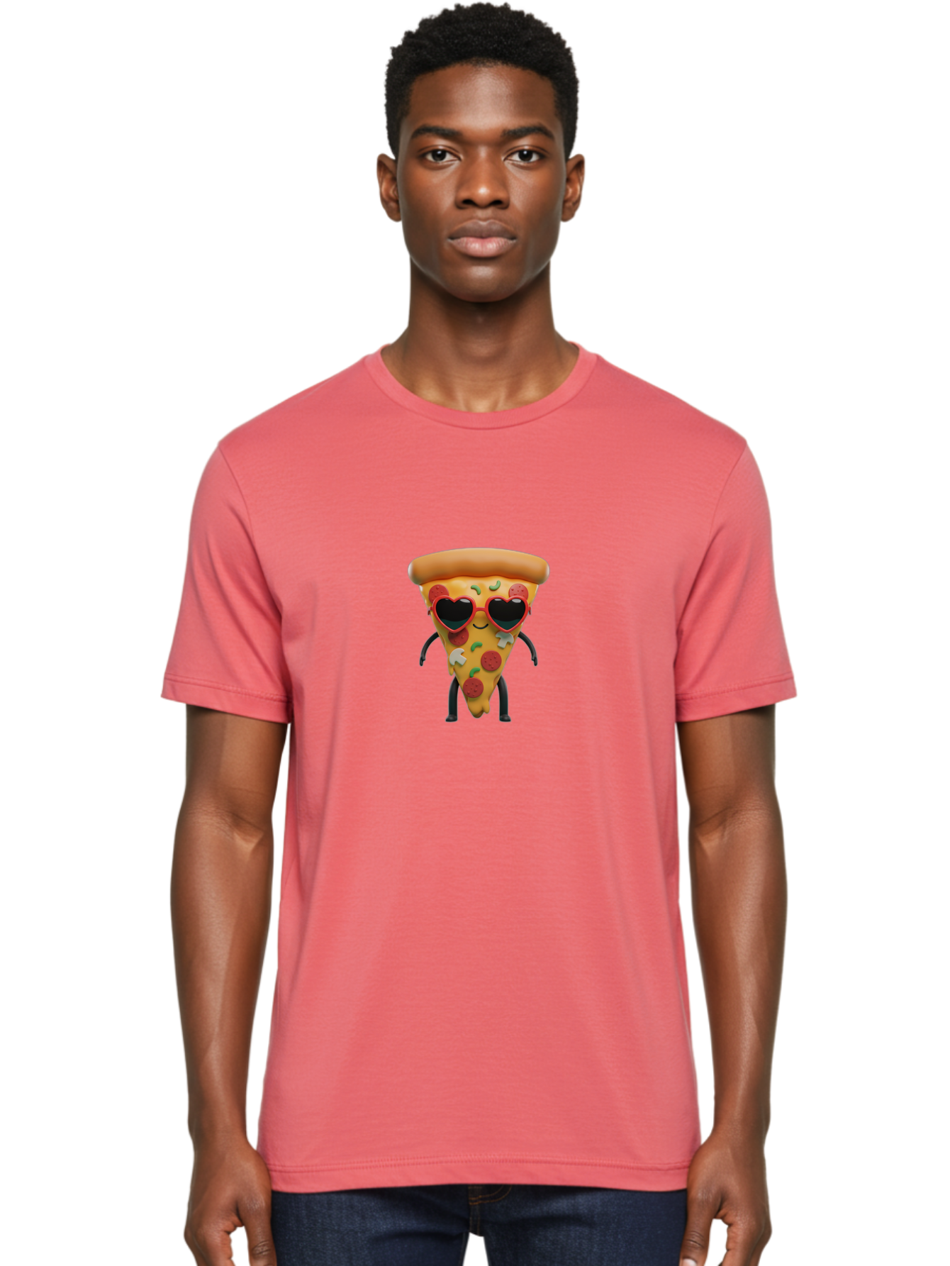 Pizza-Slice-11 Men'S Graphic Tee, 100% Cotton, Comfortable Casual Summer Wear, Machine Washable, Cartoon Pizza Slice, Heart-Shaped Sunglasses, Kawaii Character, Funny Face, Italian Food, Cartoon Food, Pepperoni Pizza, Cute Design, Bac271