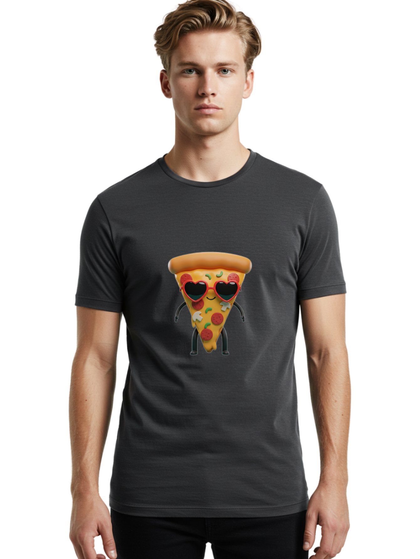 Pizza-Slice-11 Men'S Graphic Tee, 100% Cotton, Comfortable Casual Summer Wear, Machine Washable, Cartoon Pizza Slice, Heart-Shaped Sunglasses, Kawaii Character, Funny Face, Italian Food, Cartoon Food, Pepperoni Pizza, Cute Design, Bac271