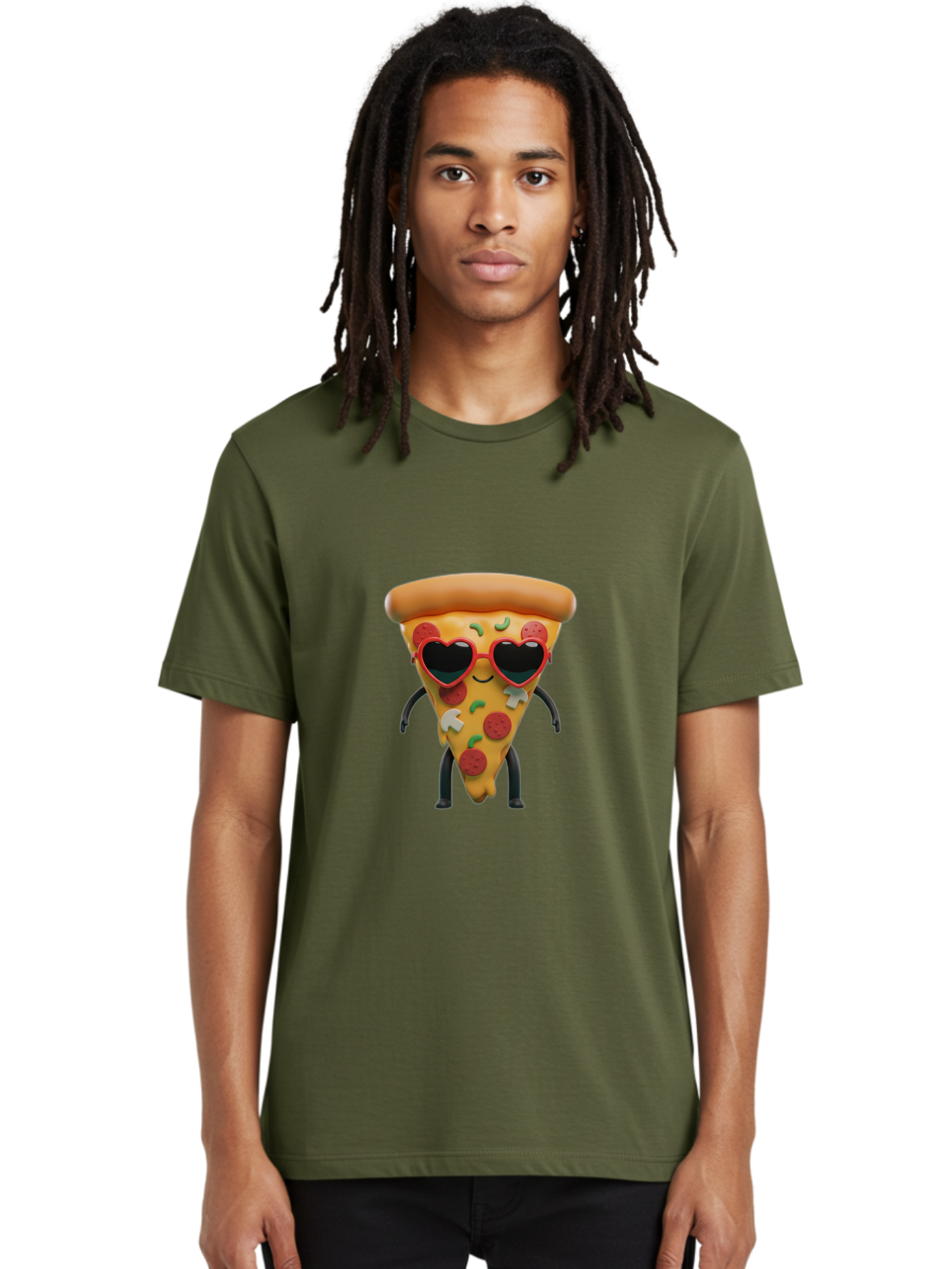Pizza-Slice-11 Men'S Graphic Tee, 100% Cotton, Comfortable Casual Summer Wear, Machine Washable, Cartoon Pizza Slice, Heart-Shaped Sunglasses, Kawaii Character, Funny Face, Italian Food, Cartoon Food, Pepperoni Pizza, Cute Design, Bac271