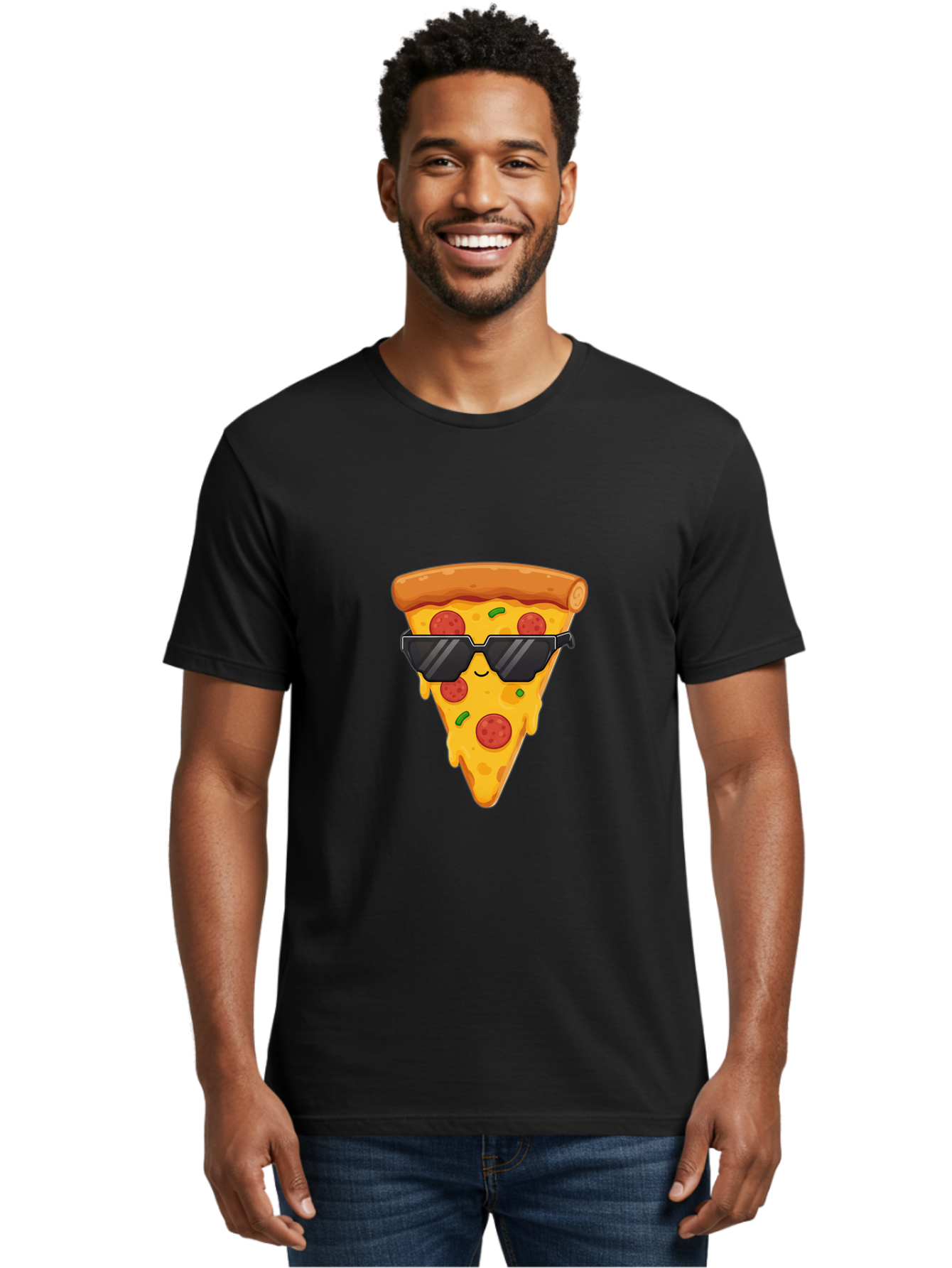 Pizza-Slice-12 Men'S Graphic Tee, 100% Cotton, Comfortable Casual Summer Wear, Machine Washable, Funny Pizza Slice, Cartoon Character, Sunglasses, Pepperoni Pizza, Melting Cheese, Casual Style, Laid-Back Vibe, Food Illustration, Quirky Design, Bac272