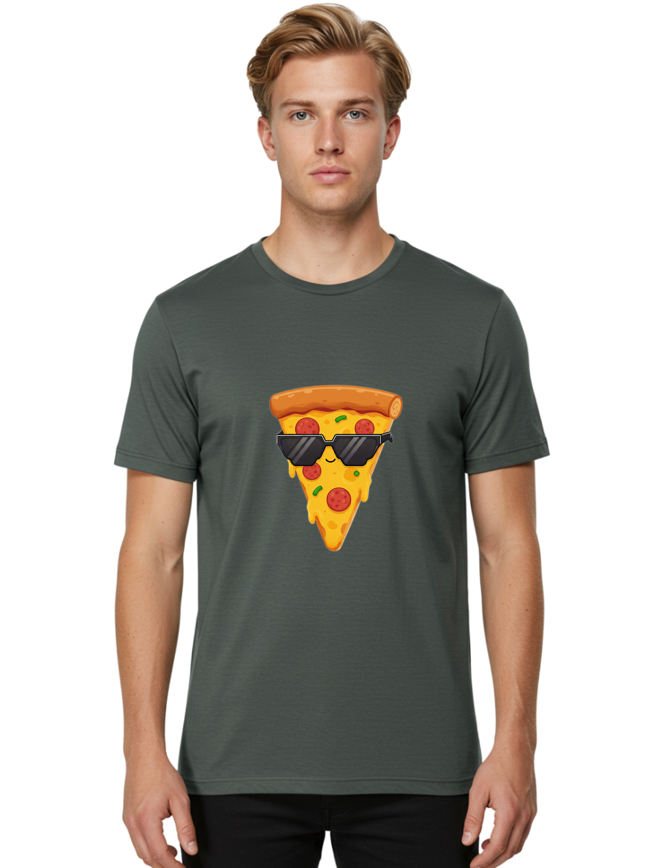 Pizza-Slice-12 Men'S Graphic Tee, 100% Cotton, Comfortable Casual Summer Wear, Machine Washable, Funny Pizza Slice, Cartoon Character, Sunglasses, Pepperoni Pizza, Melting Cheese, Casual Style, Laid-Back Vibe, Food Illustration, Quirky Design, Bac272