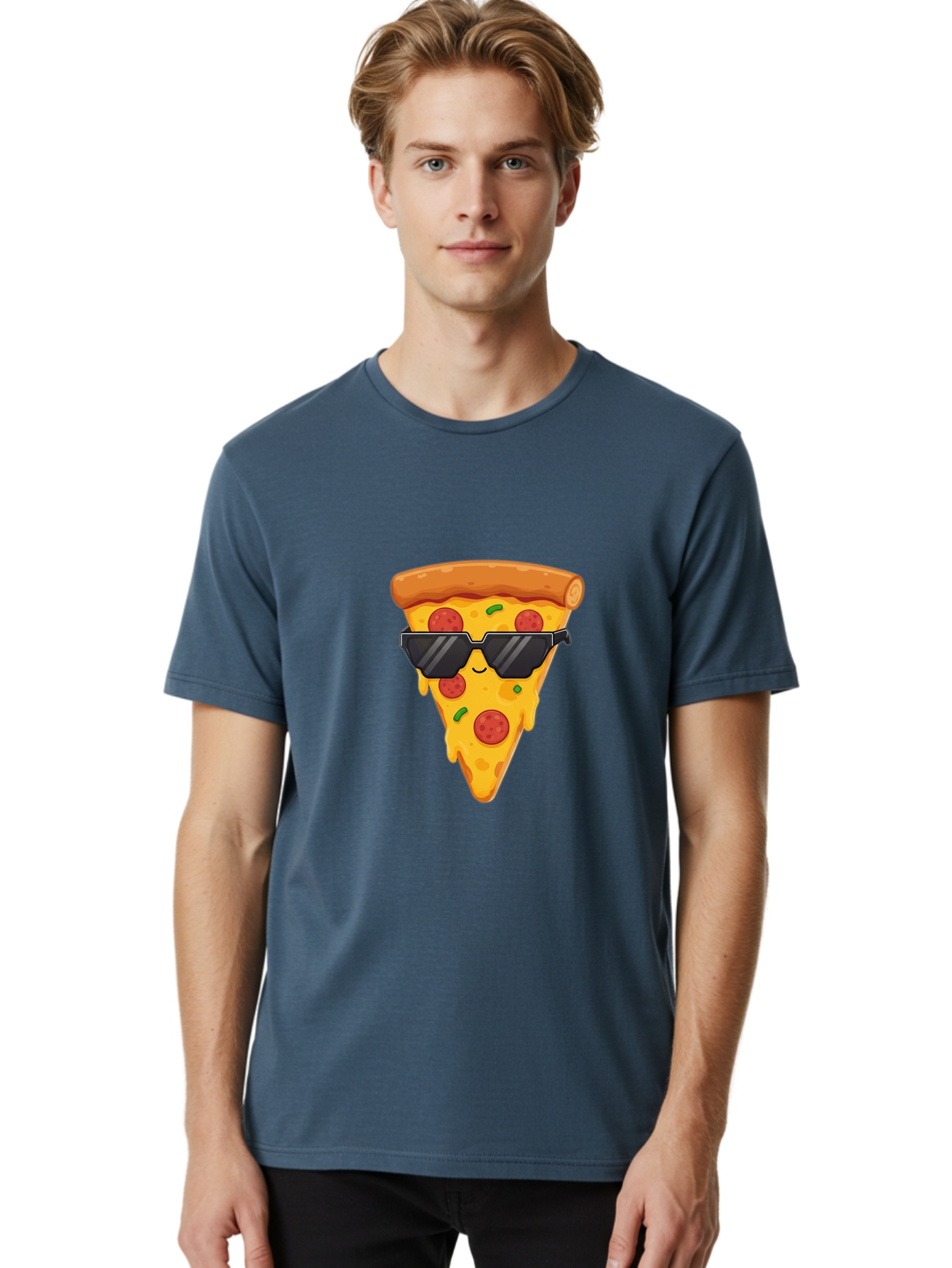 Pizza-Slice-12 Men'S Graphic Tee, 100% Cotton, Comfortable Casual Summer Wear, Machine Washable, Funny Pizza Slice, Cartoon Character, Sunglasses, Pepperoni Pizza, Melting Cheese, Casual Style, Laid-Back Vibe, Food Illustration, Quirky Design, Bac272