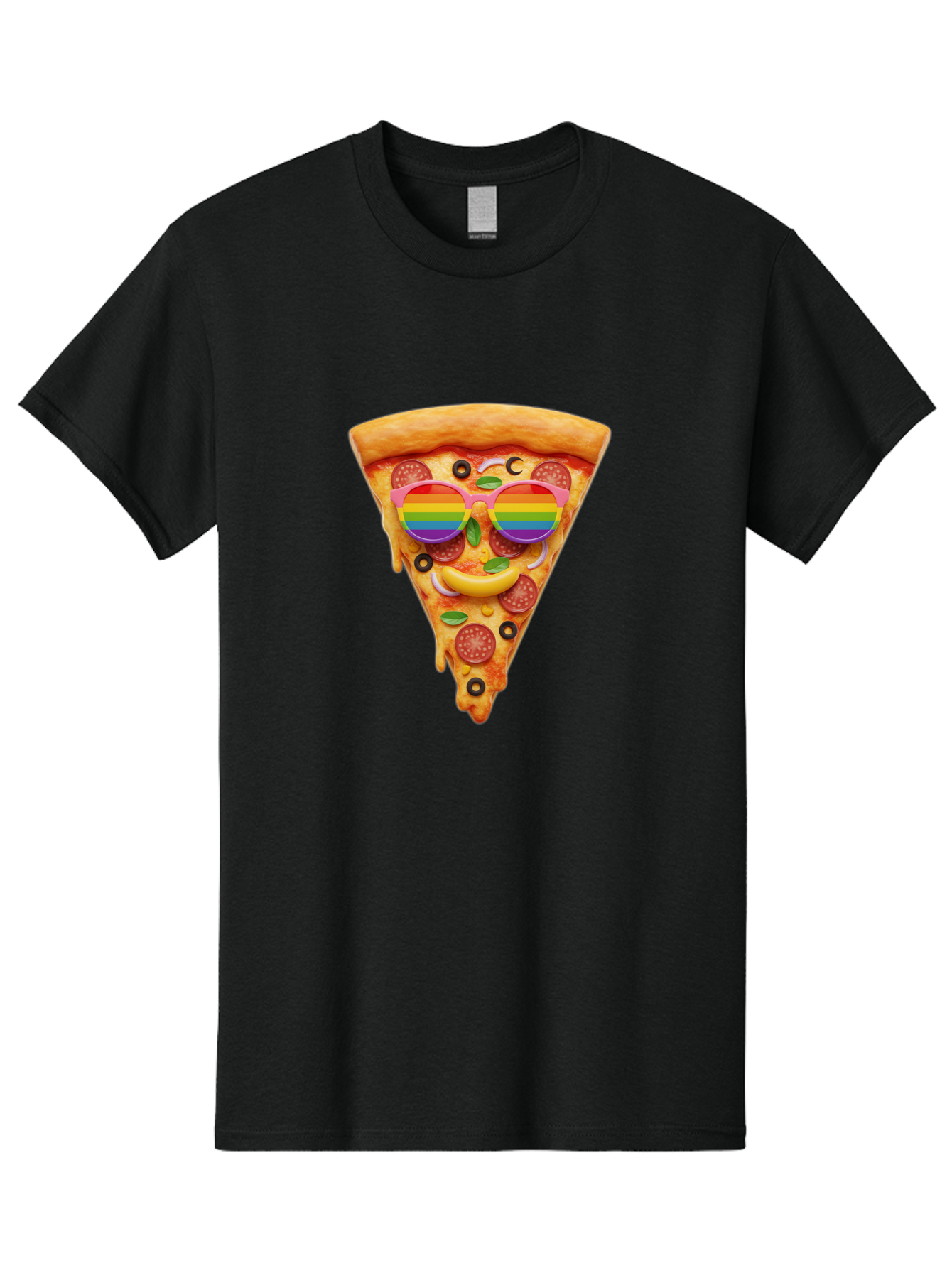 Pizza-Slice-13 Men'S Graphic Tee, 100% Cotton, Comfortable Casual Summer Wear, Machine Washable, Pizza Slice, Rainbow Sunglasses, Funny Face, Cheese Melting, Pepperoni Pizza, Black Olives, Basil Leaves, Rainbow Colors, Fun Design, Bac273
