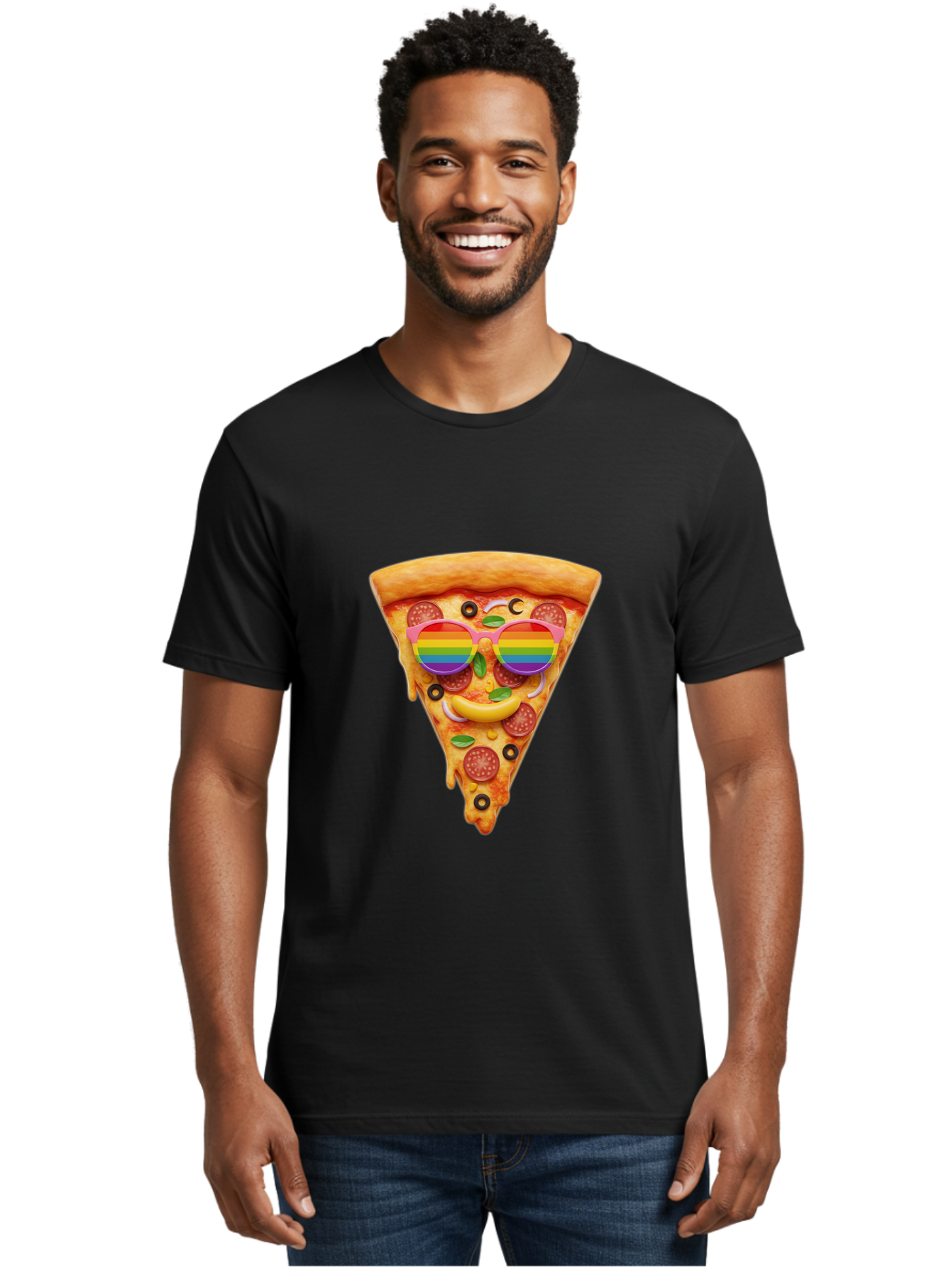 Pizza-Slice-13 Men'S Graphic Tee, 100% Cotton, Comfortable Casual Summer Wear, Machine Washable, Pizza Slice, Rainbow Sunglasses, Funny Face, Cheese Melting, Pepperoni Pizza, Black Olives, Basil Leaves, Rainbow Colors, Fun Design, Bac273