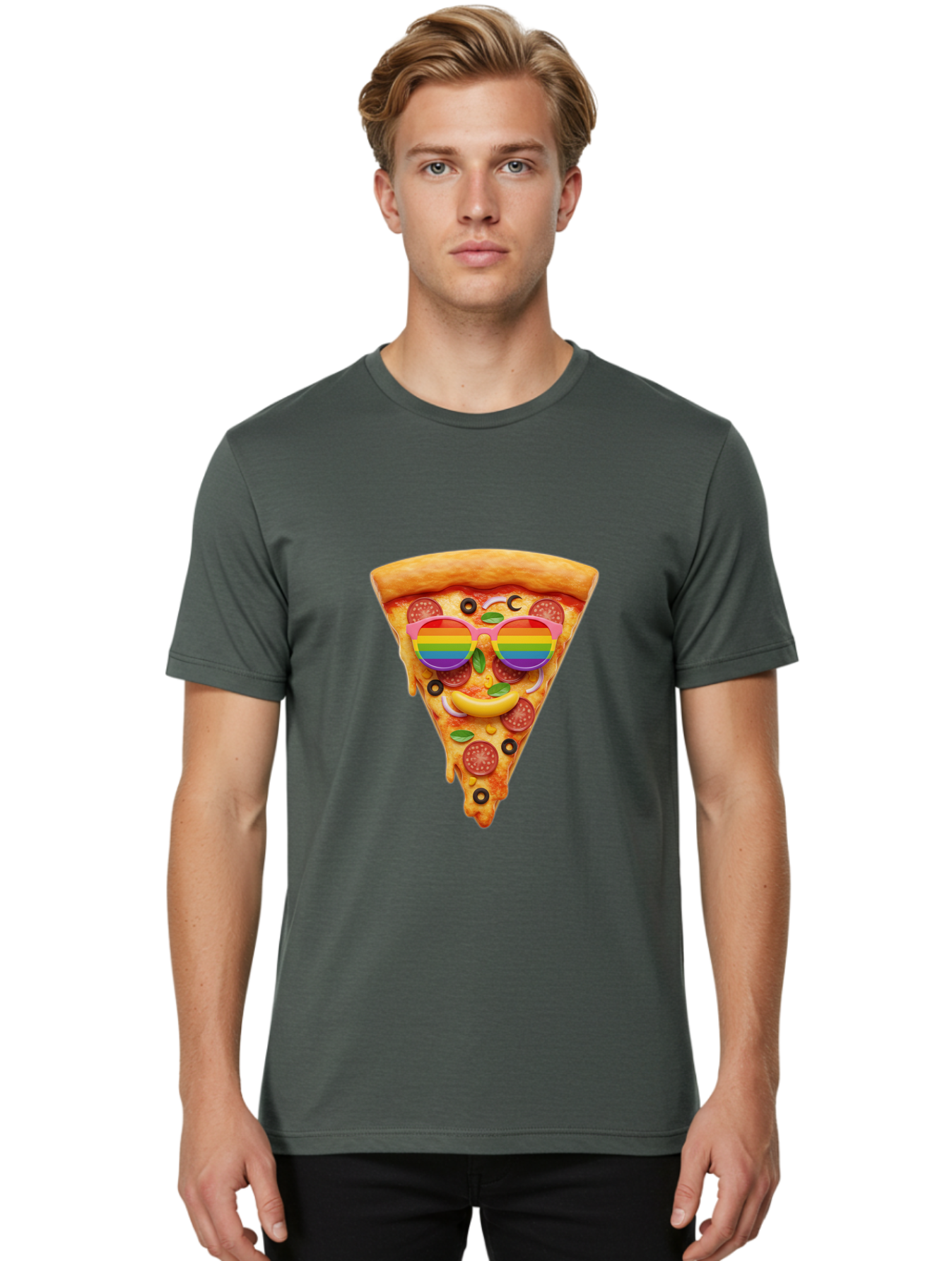 Pizza-Slice-13 Men'S Graphic Tee, 100% Cotton, Comfortable Casual Summer Wear, Machine Washable, Pizza Slice, Rainbow Sunglasses, Funny Face, Cheese Melting, Pepperoni Pizza, Black Olives, Basil Leaves, Rainbow Colors, Fun Design, Bac273