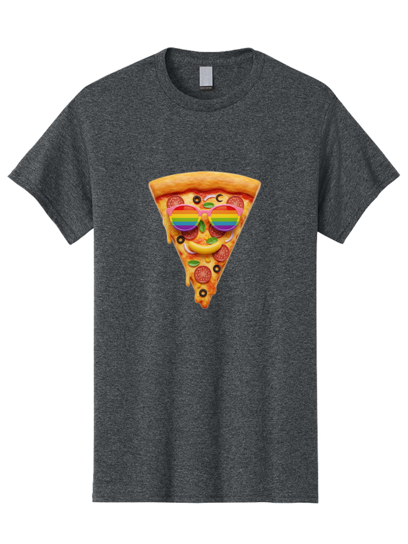 Pizza-Slice-13 Men'S Graphic Tee, 100% Cotton, Comfortable Casual Summer Wear, Machine Washable, Pizza Slice, Rainbow Sunglasses, Funny Face, Cheese Melting, Pepperoni Pizza, Black Olives, Basil Leaves, Rainbow Colors, Fun Design, Bac273