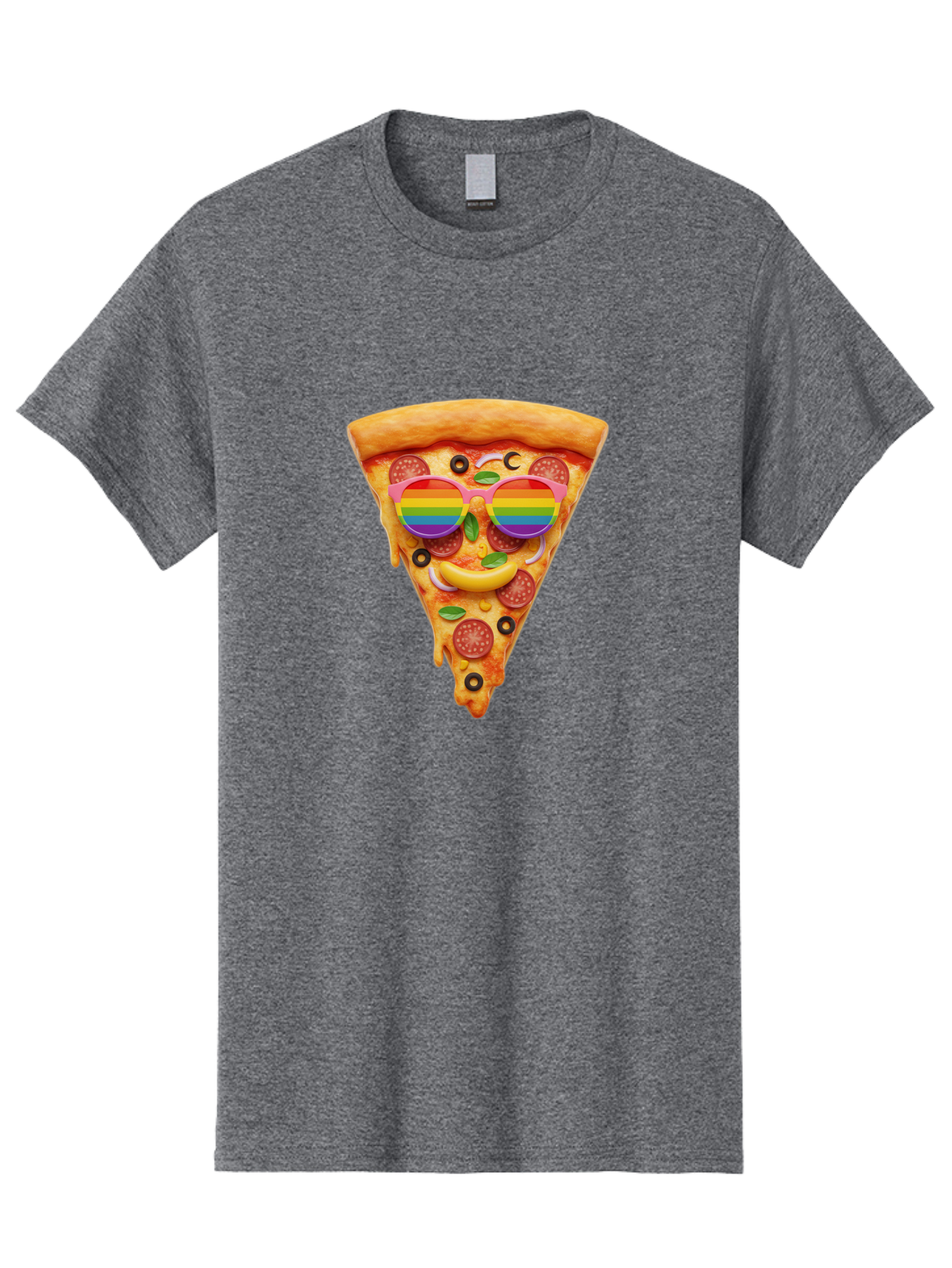 Pizza-Slice-13 Men'S Graphic Tee, 100% Cotton, Comfortable Casual Summer Wear, Machine Washable, Pizza Slice, Rainbow Sunglasses, Funny Face, Cheese Melting, Pepperoni Pizza, Black Olives, Basil Leaves, Rainbow Colors, Fun Design, Bac273