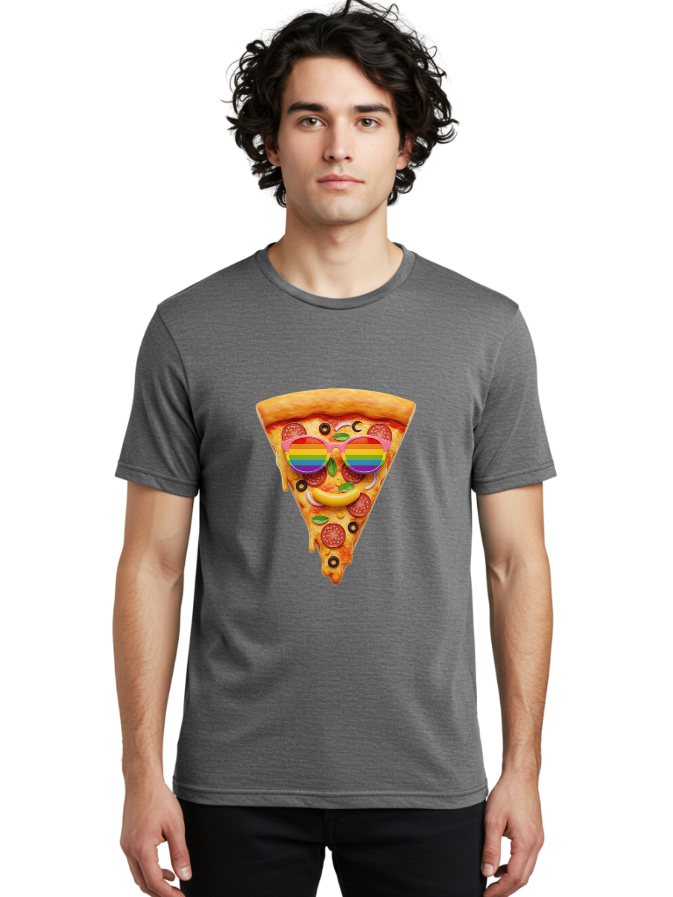 Pizza-Slice-13 Men'S Graphic Tee, 100% Cotton, Comfortable Casual Summer Wear, Machine Washable, Pizza Slice, Rainbow Sunglasses, Funny Face, Cheese Melting, Pepperoni Pizza, Black Olives, Basil Leaves, Rainbow Colors, Fun Design, Bac273