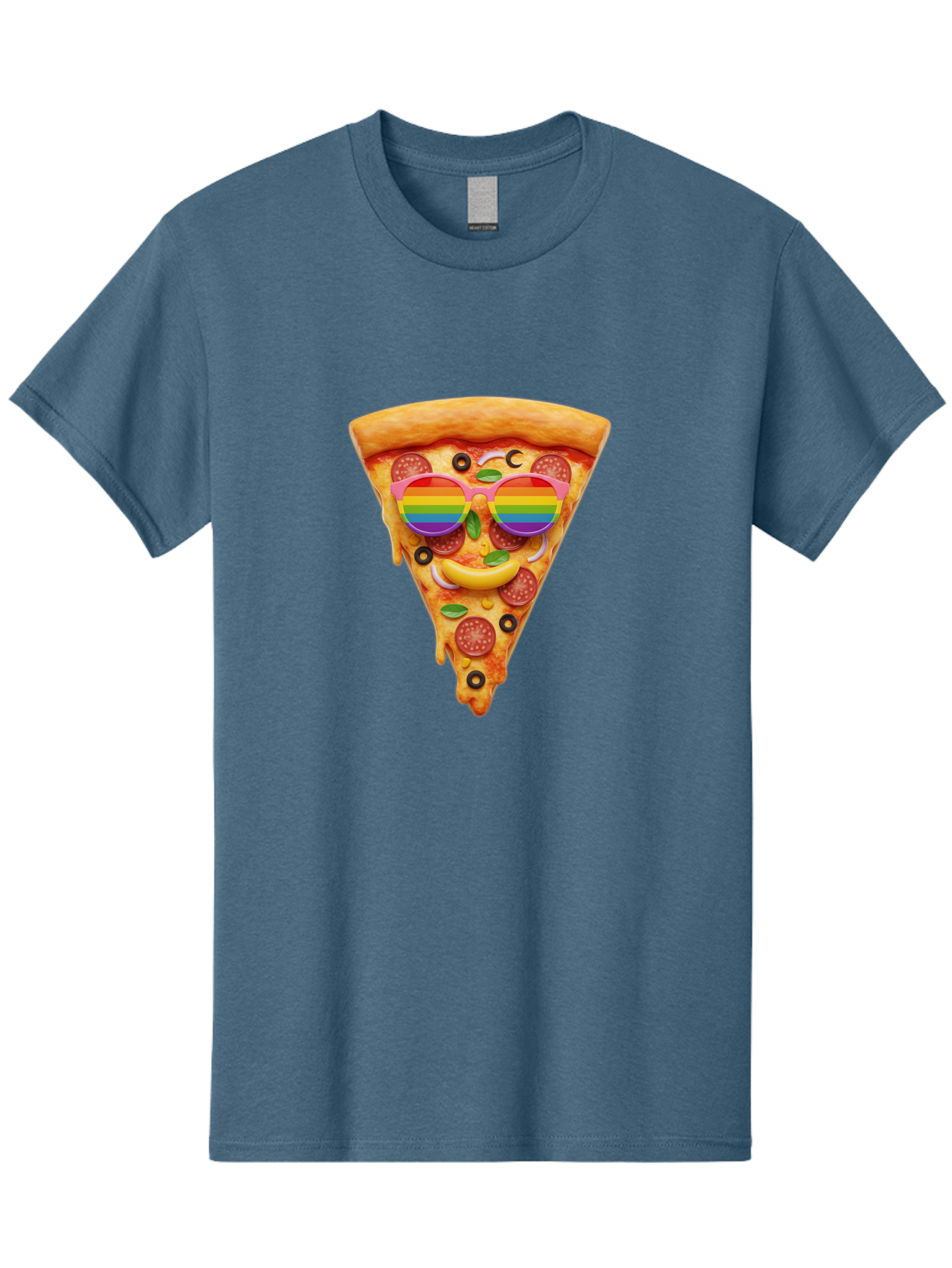 Pizza-Slice-13 Men'S Graphic Tee, 100% Cotton, Comfortable Casual Summer Wear, Machine Washable, Pizza Slice, Rainbow Sunglasses, Funny Face, Cheese Melting, Pepperoni Pizza, Black Olives, Basil Leaves, Rainbow Colors, Fun Design, Bac273