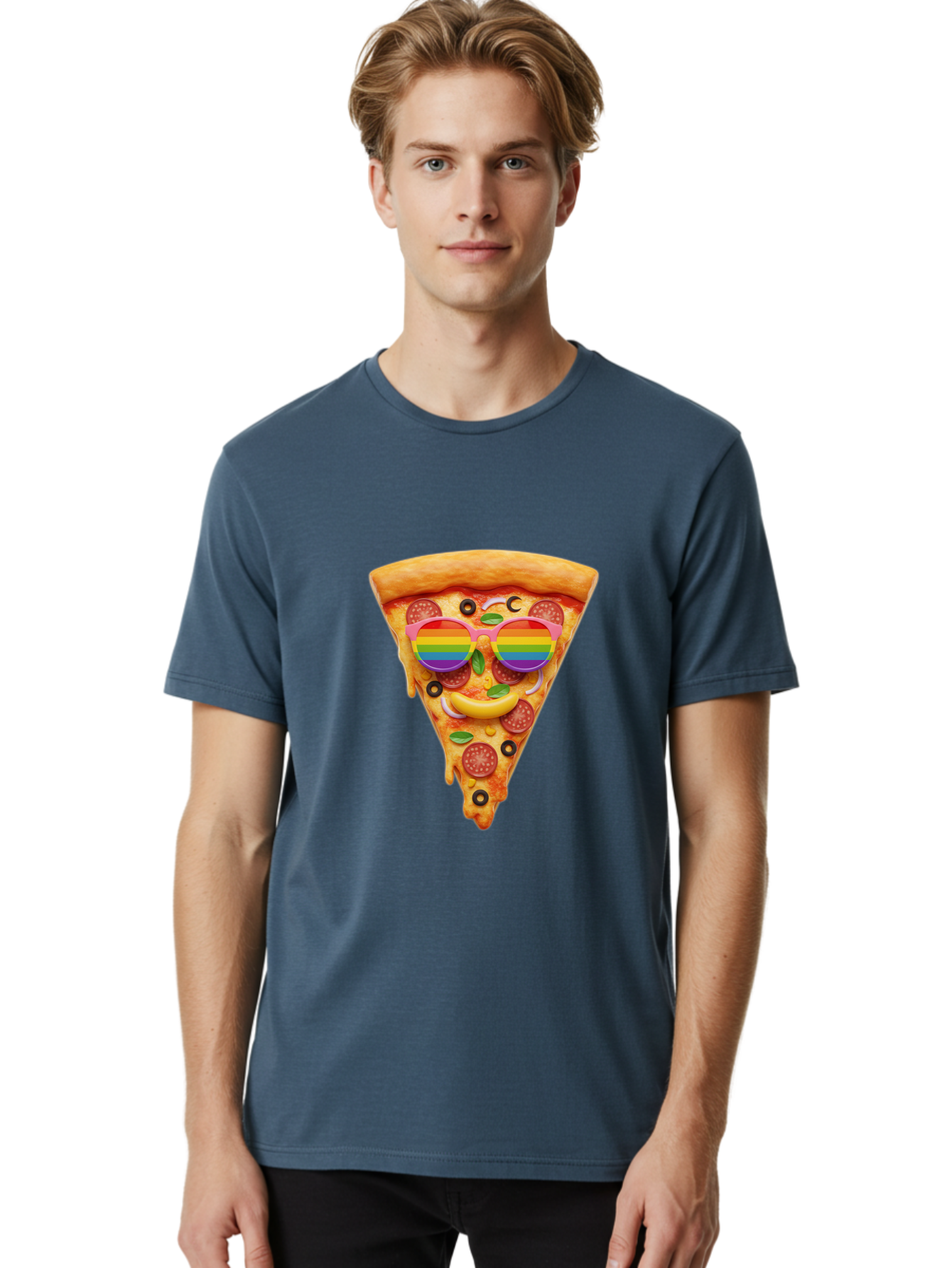 Pizza-Slice-13 Men'S Graphic Tee, 100% Cotton, Comfortable Casual Summer Wear, Machine Washable, Pizza Slice, Rainbow Sunglasses, Funny Face, Cheese Melting, Pepperoni Pizza, Black Olives, Basil Leaves, Rainbow Colors, Fun Design, Bac273