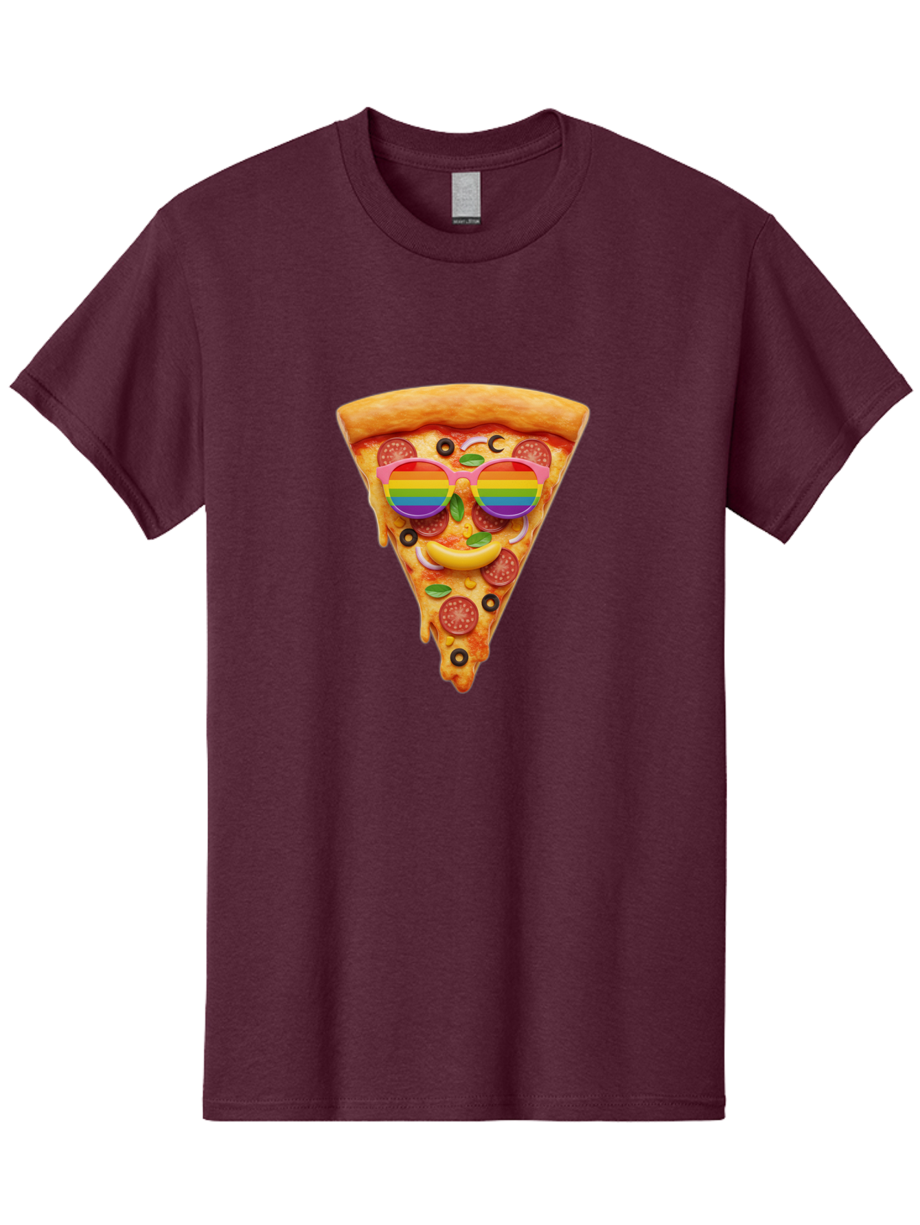 Pizza-Slice-13 Men'S Graphic Tee, 100% Cotton, Comfortable Casual Summer Wear, Machine Washable, Pizza Slice, Rainbow Sunglasses, Funny Face, Cheese Melting, Pepperoni Pizza, Black Olives, Basil Leaves, Rainbow Colors, Fun Design, Bac273