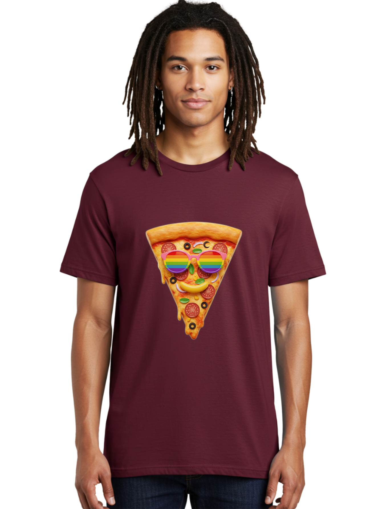Pizza-Slice-13 Men'S Graphic Tee, 100% Cotton, Comfortable Casual Summer Wear, Machine Washable, Pizza Slice, Rainbow Sunglasses, Funny Face, Cheese Melting, Pepperoni Pizza, Black Olives, Basil Leaves, Rainbow Colors, Fun Design, Bac273