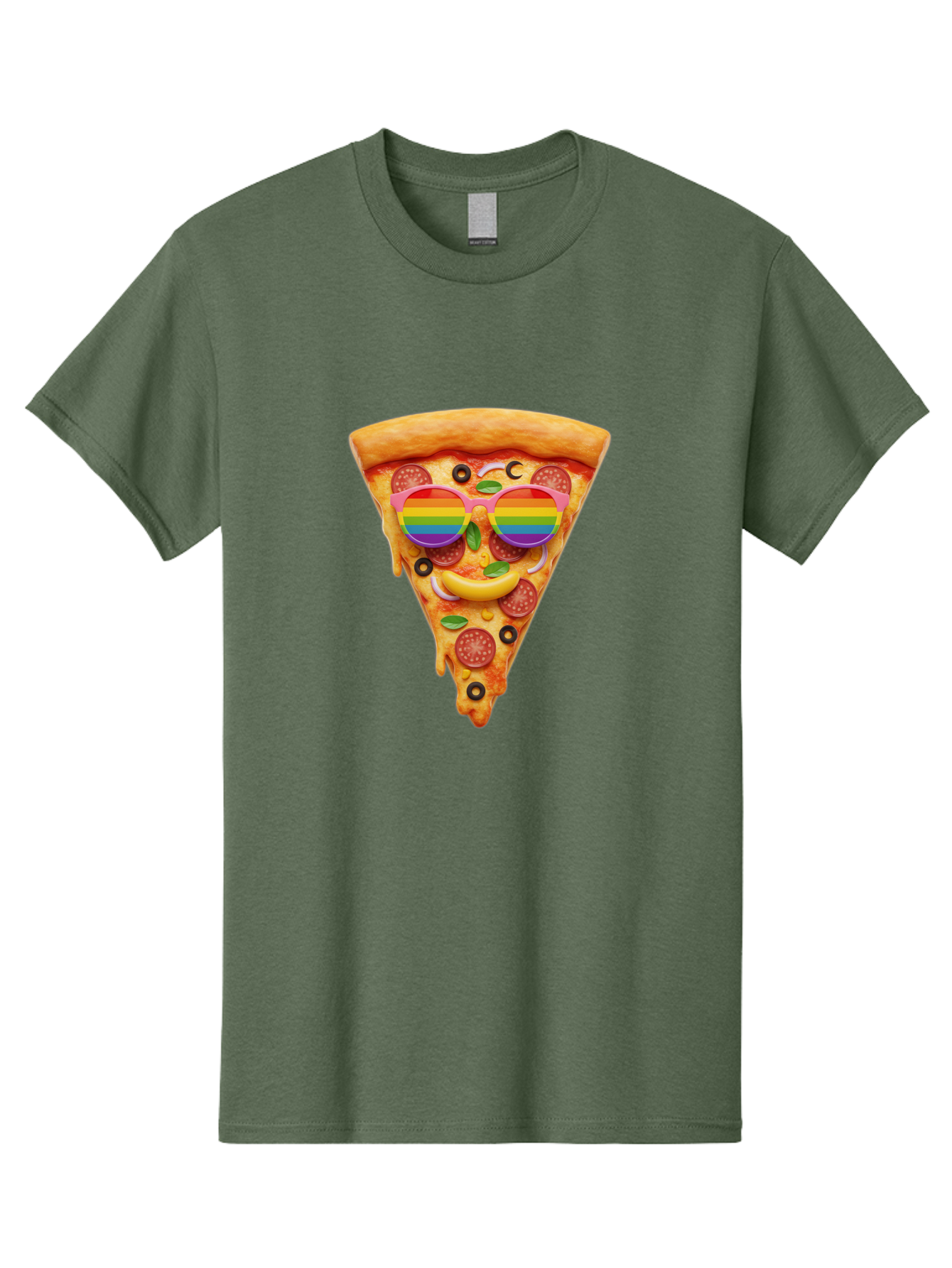 Pizza-Slice-13 Men'S Graphic Tee, 100% Cotton, Comfortable Casual Summer Wear, Machine Washable, Pizza Slice, Rainbow Sunglasses, Funny Face, Cheese Melting, Pepperoni Pizza, Black Olives, Basil Leaves, Rainbow Colors, Fun Design, Bac273