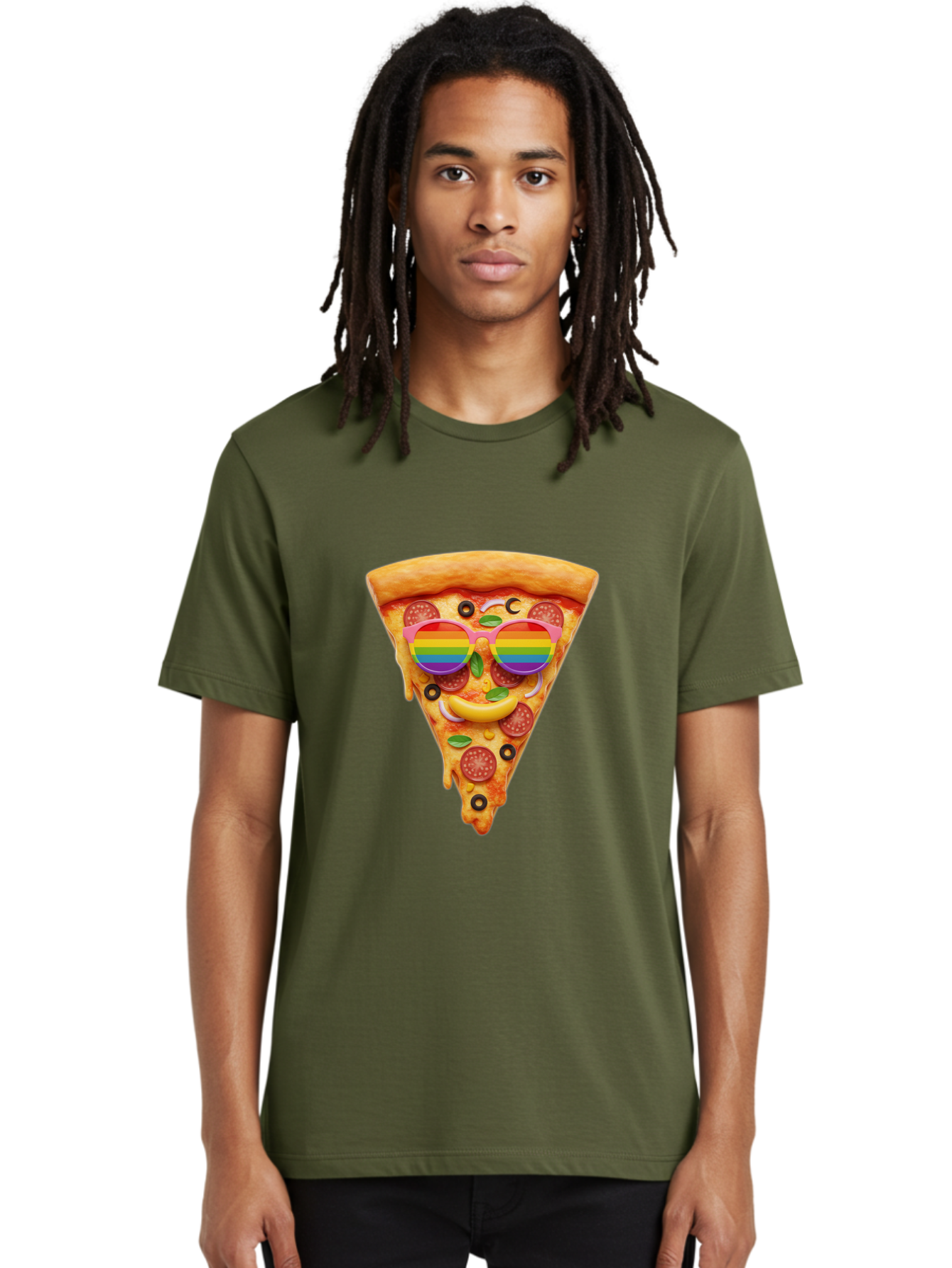 Pizza-Slice-13 Men'S Graphic Tee, 100% Cotton, Comfortable Casual Summer Wear, Machine Washable, Pizza Slice, Rainbow Sunglasses, Funny Face, Cheese Melting, Pepperoni Pizza, Black Olives, Basil Leaves, Rainbow Colors, Fun Design, Bac273