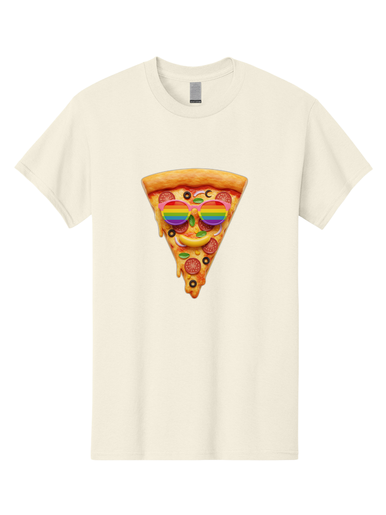 Pizza-Slice-13 Men'S Graphic Tee, 100% Cotton, Comfortable Casual Summer Wear, Machine Washable, Pizza Slice, Rainbow Sunglasses, Funny Face, Cheese Melting, Pepperoni Pizza, Black Olives, Basil Leaves, Rainbow Colors, Fun Design, Bac273