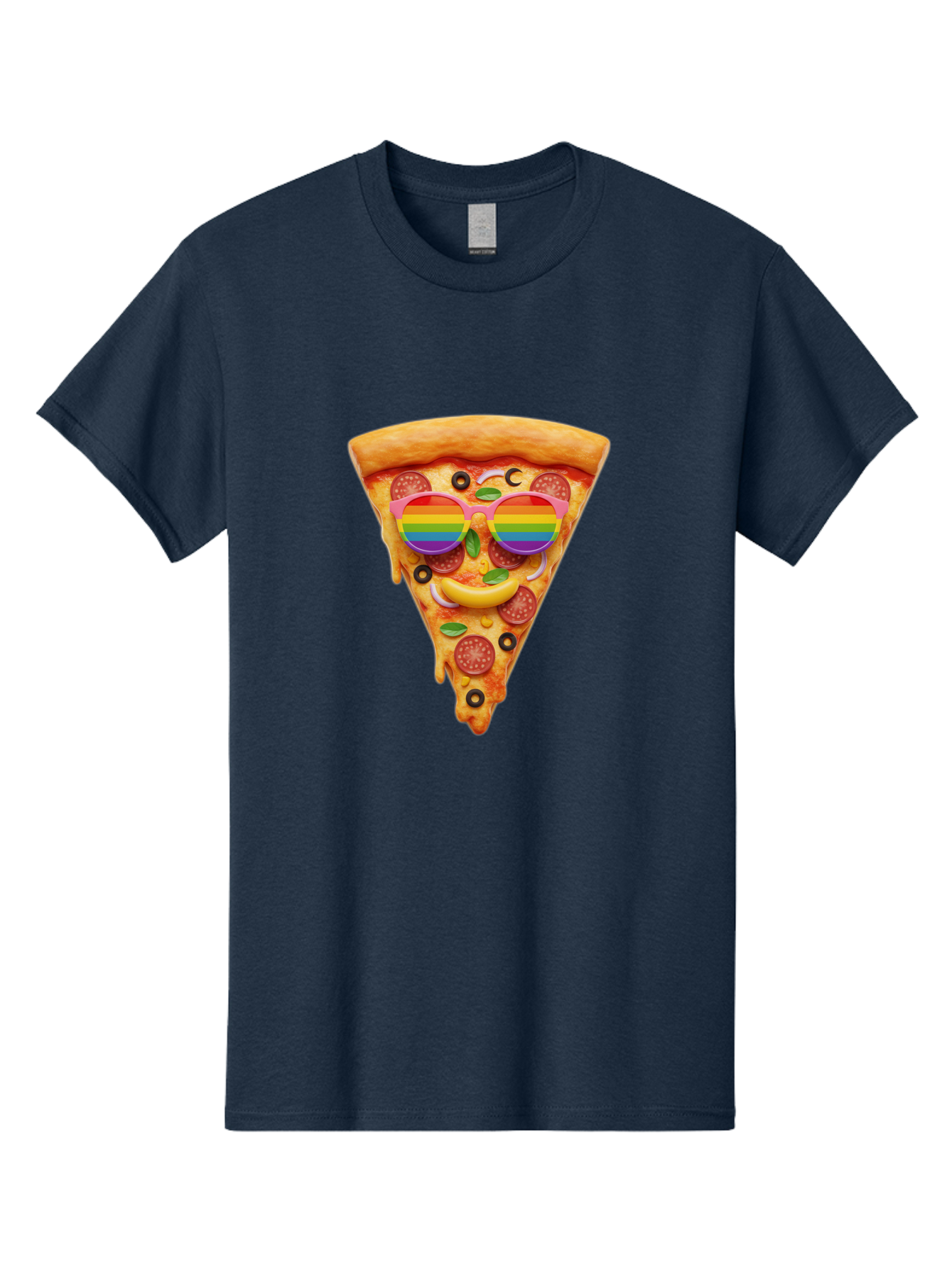 Pizza-Slice-13 Men'S Graphic Tee, 100% Cotton, Comfortable Casual Summer Wear, Machine Washable, Pizza Slice, Rainbow Sunglasses, Funny Face, Cheese Melting, Pepperoni Pizza, Black Olives, Basil Leaves, Rainbow Colors, Fun Design, Bac273