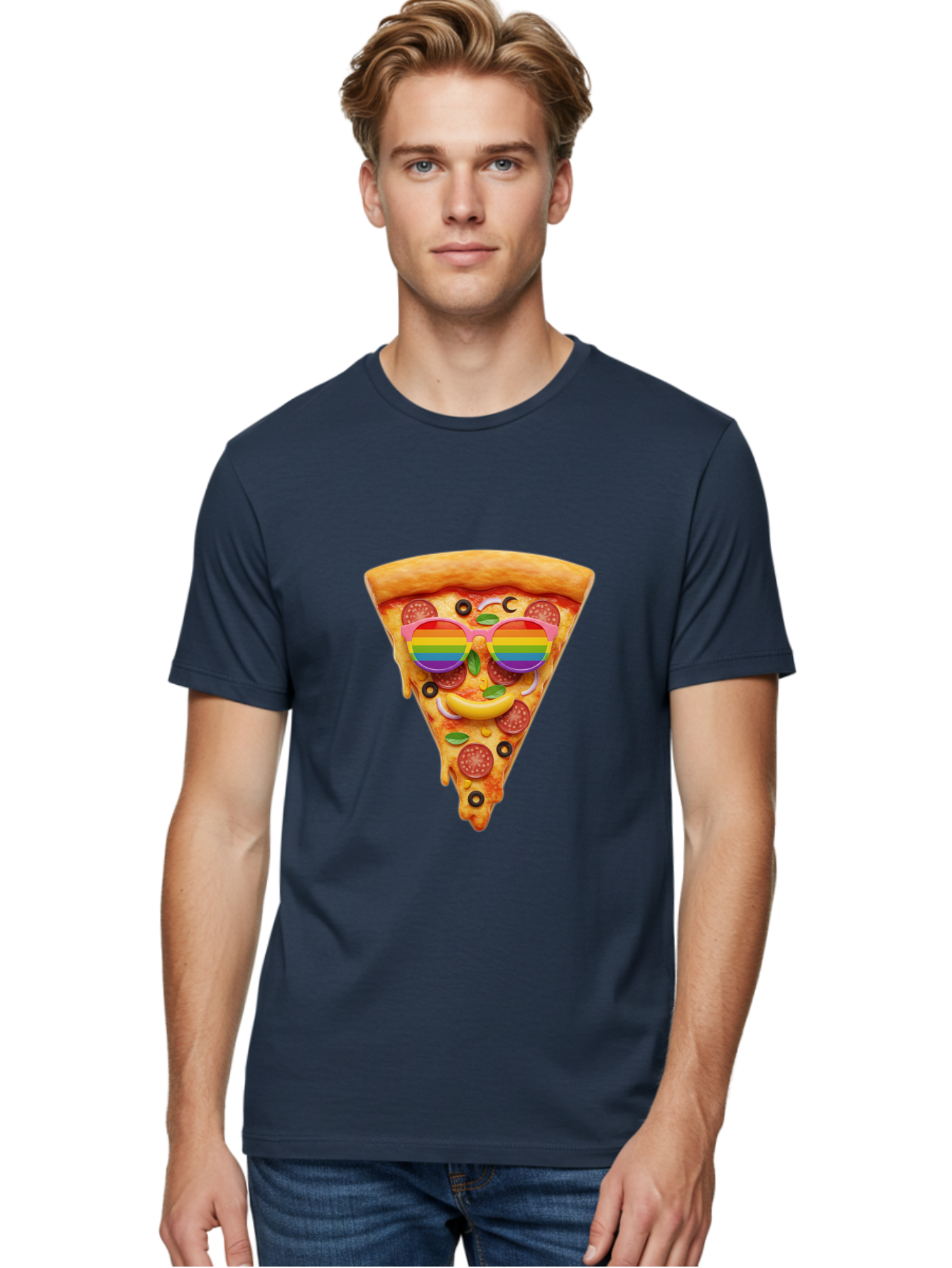 Pizza-Slice-13 Men'S Graphic Tee, 100% Cotton, Comfortable Casual Summer Wear, Machine Washable, Pizza Slice, Rainbow Sunglasses, Funny Face, Cheese Melting, Pepperoni Pizza, Black Olives, Basil Leaves, Rainbow Colors, Fun Design, Bac273