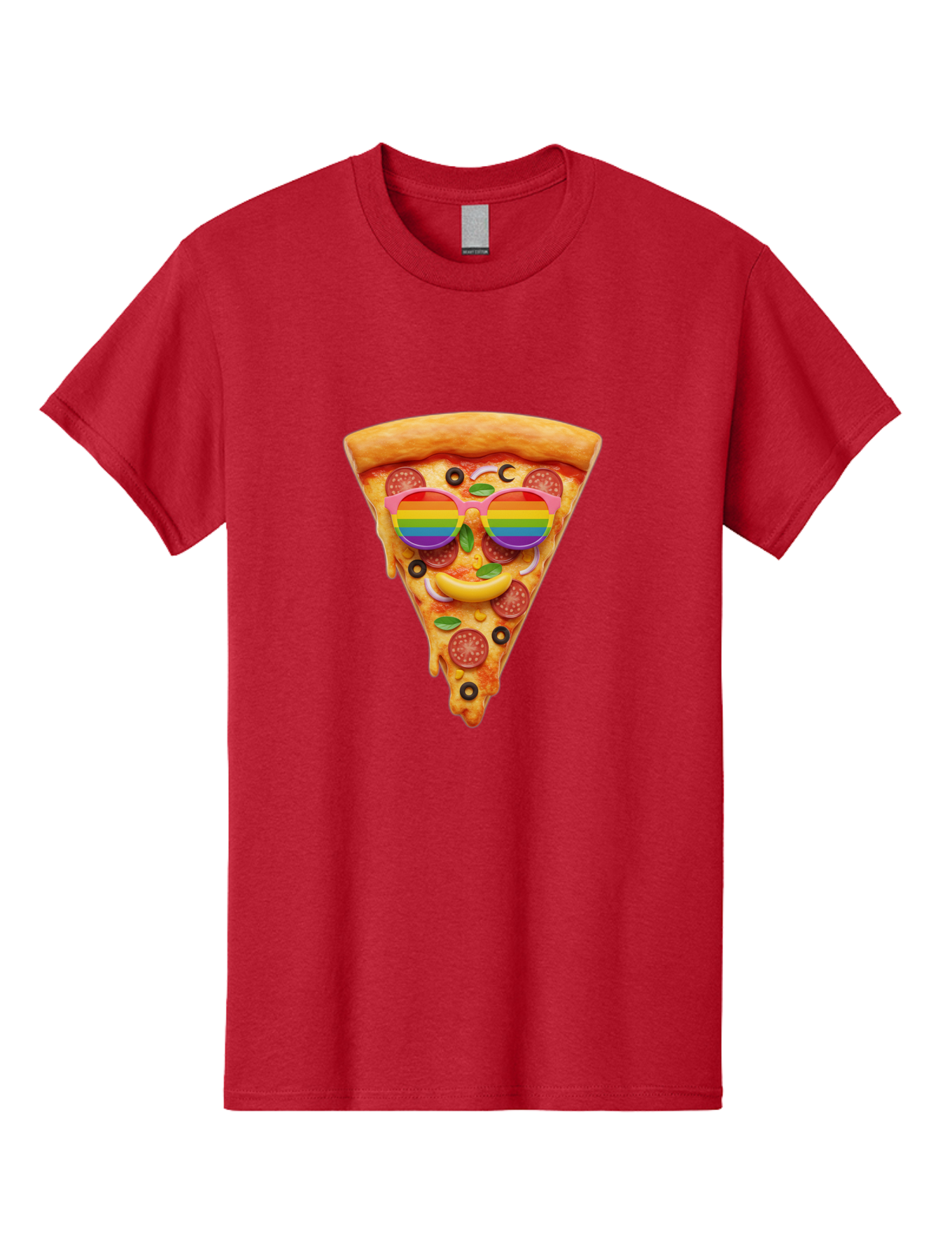Pizza-Slice-13 Men'S Graphic Tee, 100% Cotton, Comfortable Casual Summer Wear, Machine Washable, Pizza Slice, Rainbow Sunglasses, Funny Face, Cheese Melting, Pepperoni Pizza, Black Olives, Basil Leaves, Rainbow Colors, Fun Design, Bac273