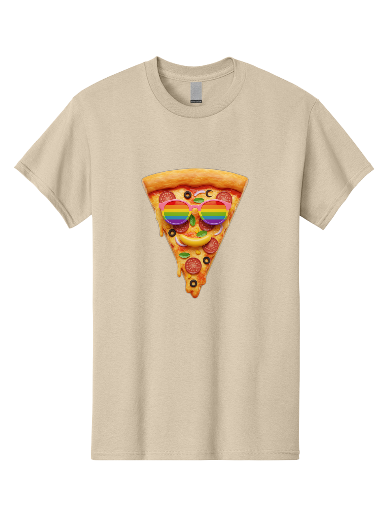 Pizza-Slice-13 Men'S Graphic Tee, 100% Cotton, Comfortable Casual Summer Wear, Machine Washable, Pizza Slice, Rainbow Sunglasses, Funny Face, Cheese Melting, Pepperoni Pizza, Black Olives, Basil Leaves, Rainbow Colors, Fun Design, Bac273