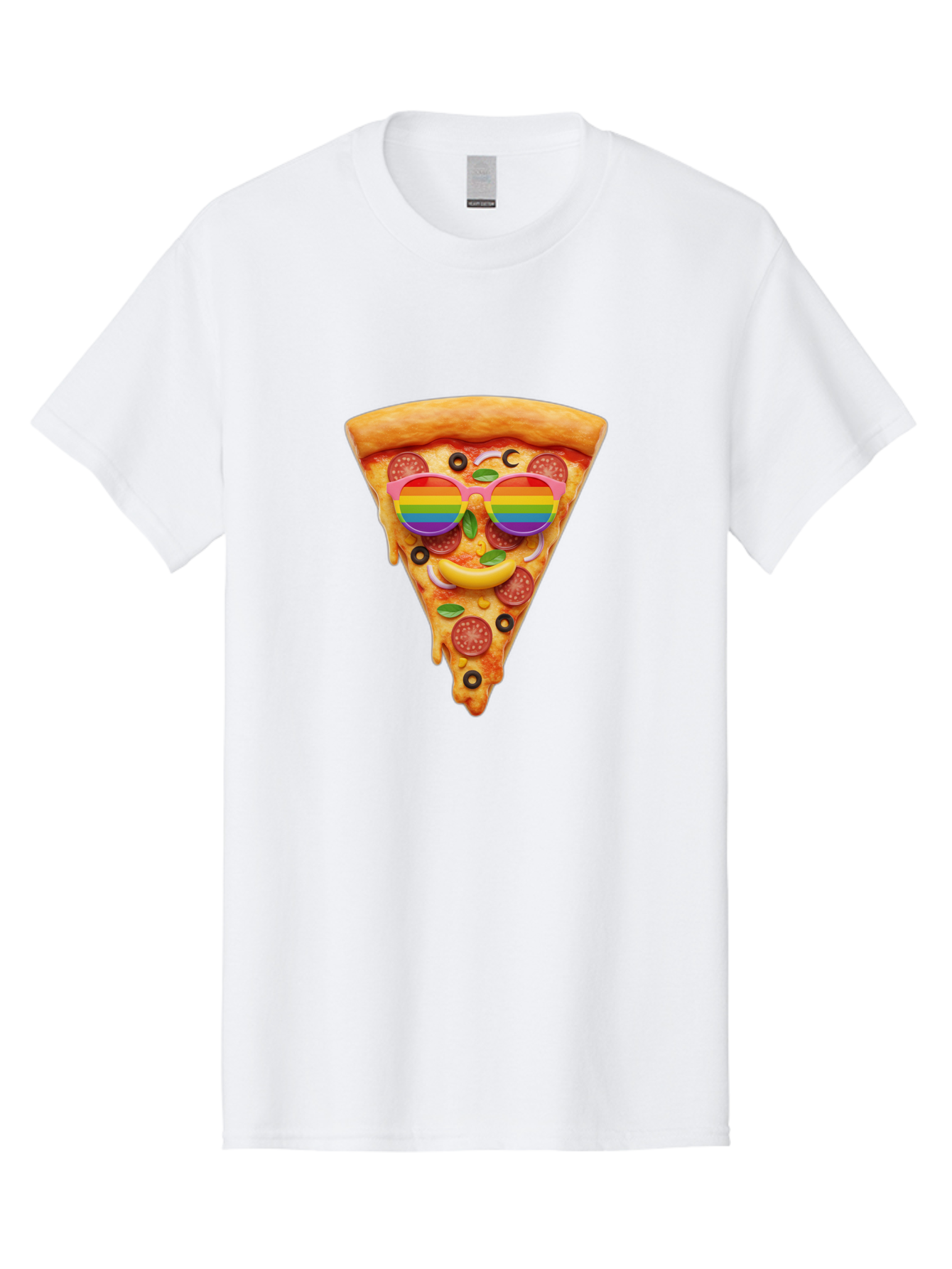 Pizza-Slice-13 Men'S Graphic Tee, 100% Cotton, Comfortable Casual Summer Wear, Machine Washable, Pizza Slice, Rainbow Sunglasses, Funny Face, Cheese Melting, Pepperoni Pizza, Black Olives, Basil Leaves, Rainbow Colors, Fun Design, Bac273